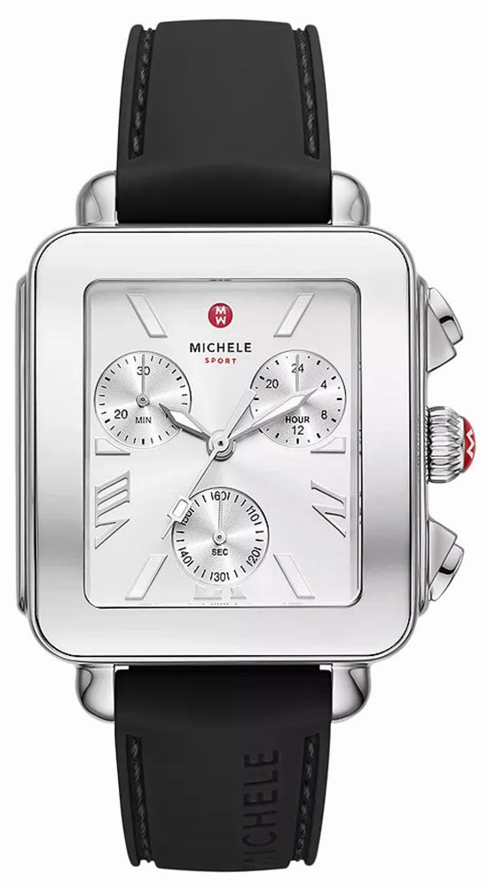Michele Deco Sport Chronograph Silver Rectangle Dial Black Silicone Women's Watch MWW06K000071