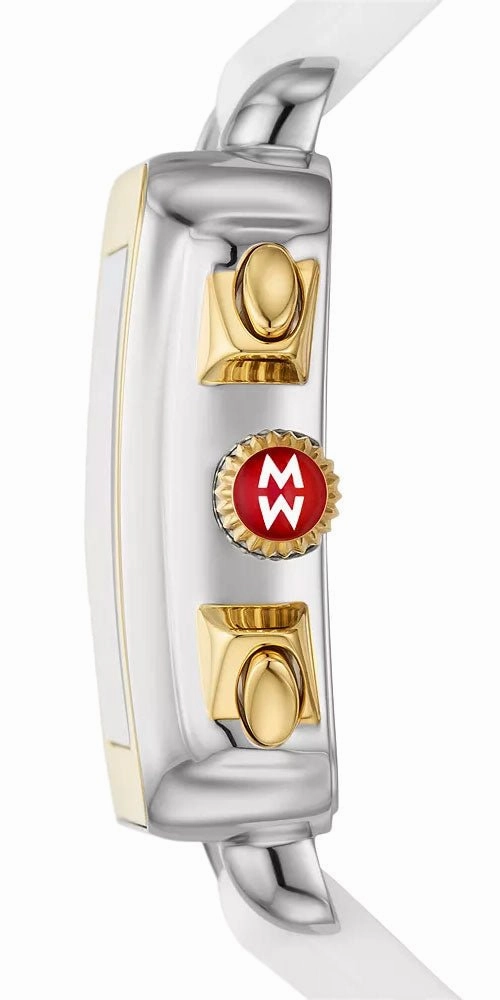 Michele Deco Sport Chronograph Silver Rectangle Dial Gold-Plated Bezel White Silicone Women's Watch MWW06K000069