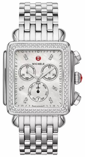 Michele Deco XL Chronograph Day-of-Week/Date Mother-of-Pearl Dial Diamonds Stainless Steel Rectangle Womens Watch MWW06Z000035