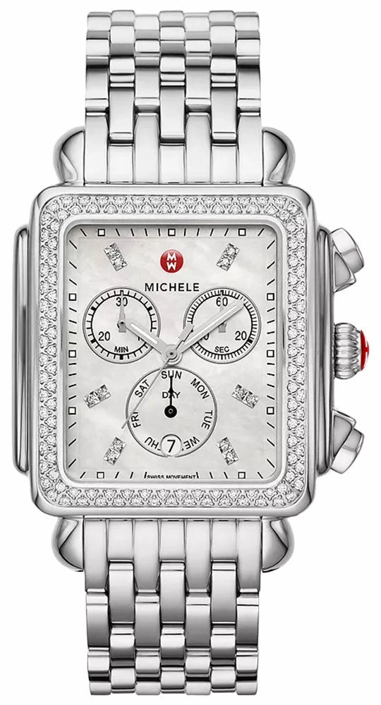 Michele Deco XL Chronograph Day-of-Week/Date Mother-of-Pearl Dial Diamonds Stainless Steel Rectangle Womens Watch MWW06Z000035