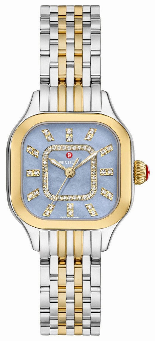 Michele Meggie Two-Tone Steel Diamonds Square Blue Dusk Mother-of-Pearl Dial Womens Watch MWW33B000015