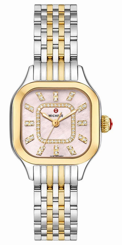Michele Meggie Two-Tone Steel Diamonds Square Peony Pink Mother-of-Pearl Dial Womens Watch MWW33B000014