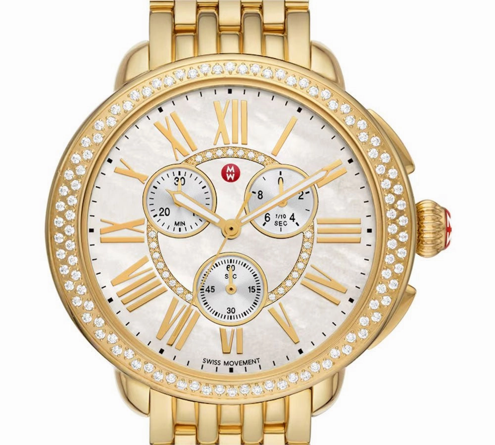 Michele Serein Chronograph Diamonds Mother-of-Pearl Dial 18K Gold-Plated Steel Womens Watch MWW21A000070