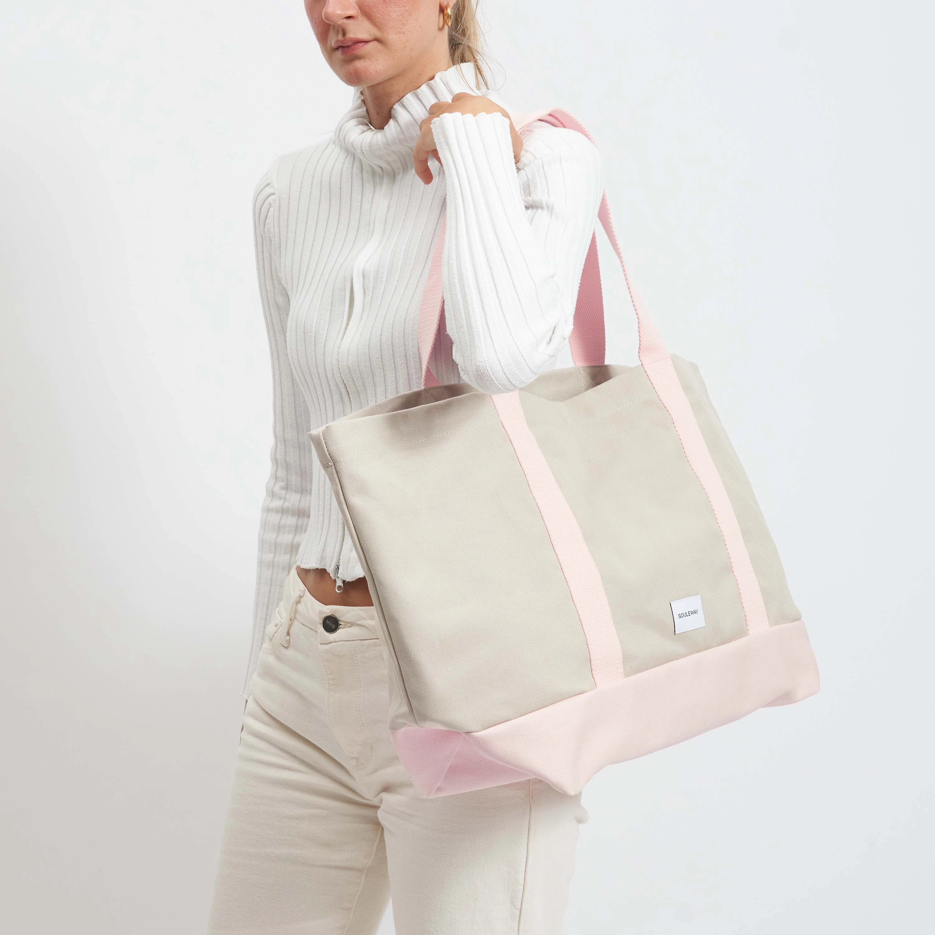 Natural Cotton Canvas Beach Bag | Sand & Pink