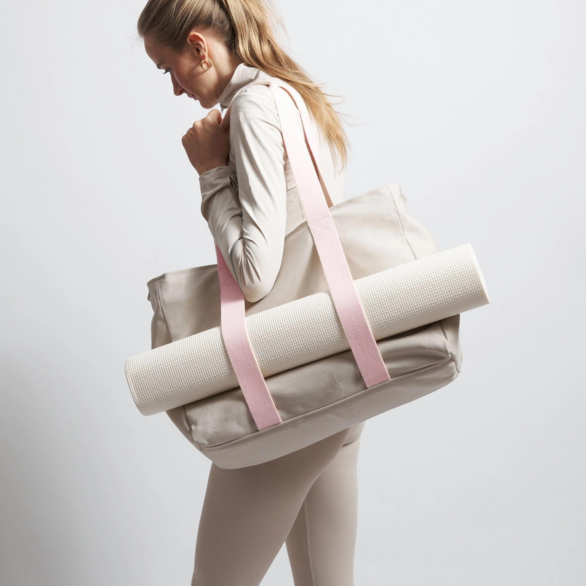 Natural Cotton Canvas Yoga Tote | Sand & Pink