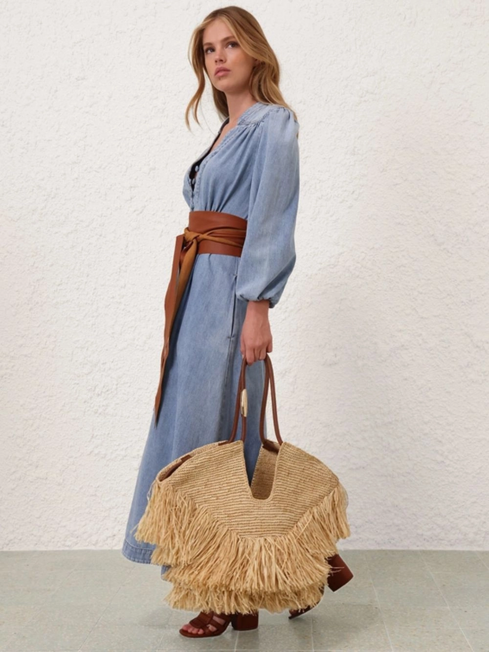Natural Goldentime Medium Raffia Fringe Tote