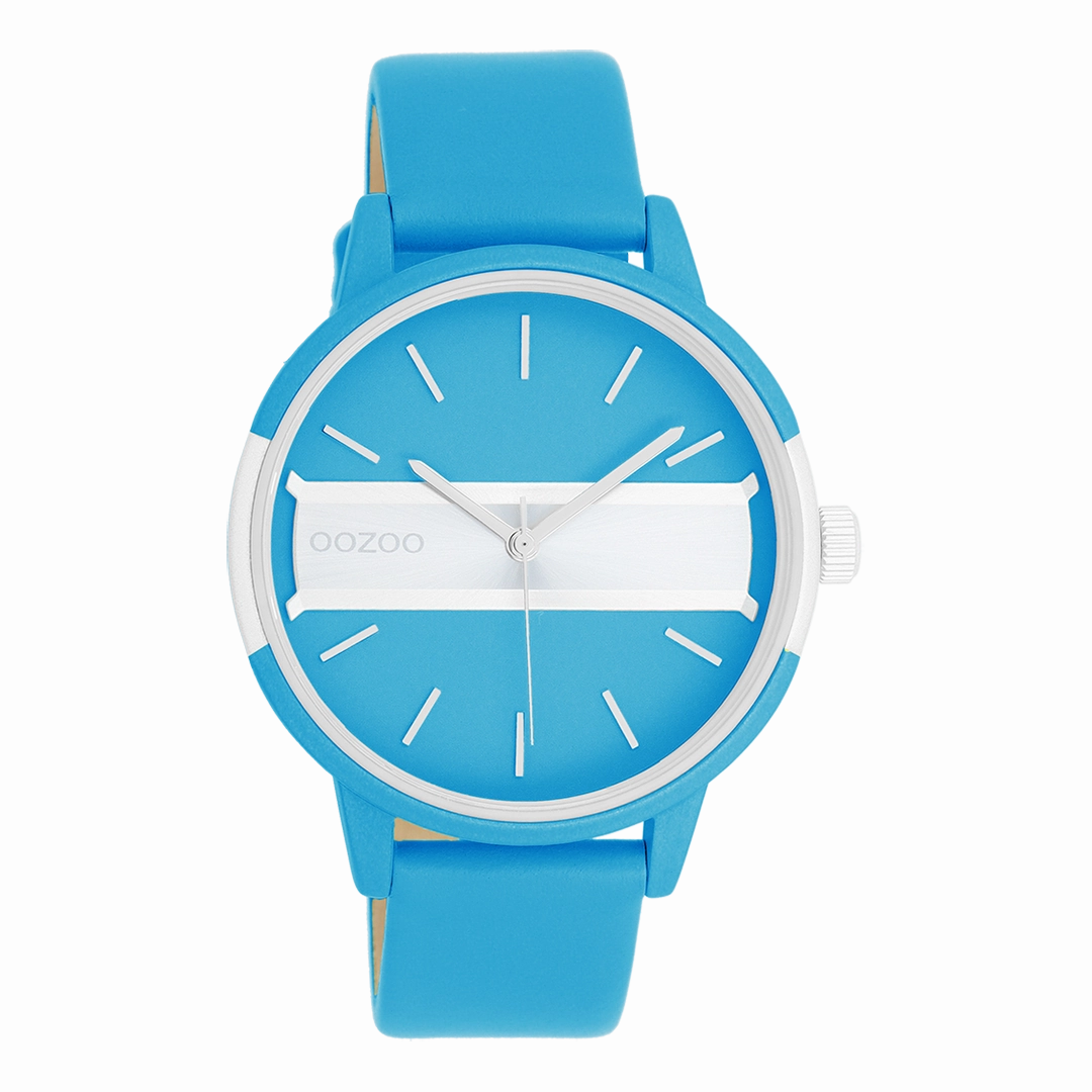 Neon blue/gold coloured OOZOO watch with bright blue leather strap - C11188
