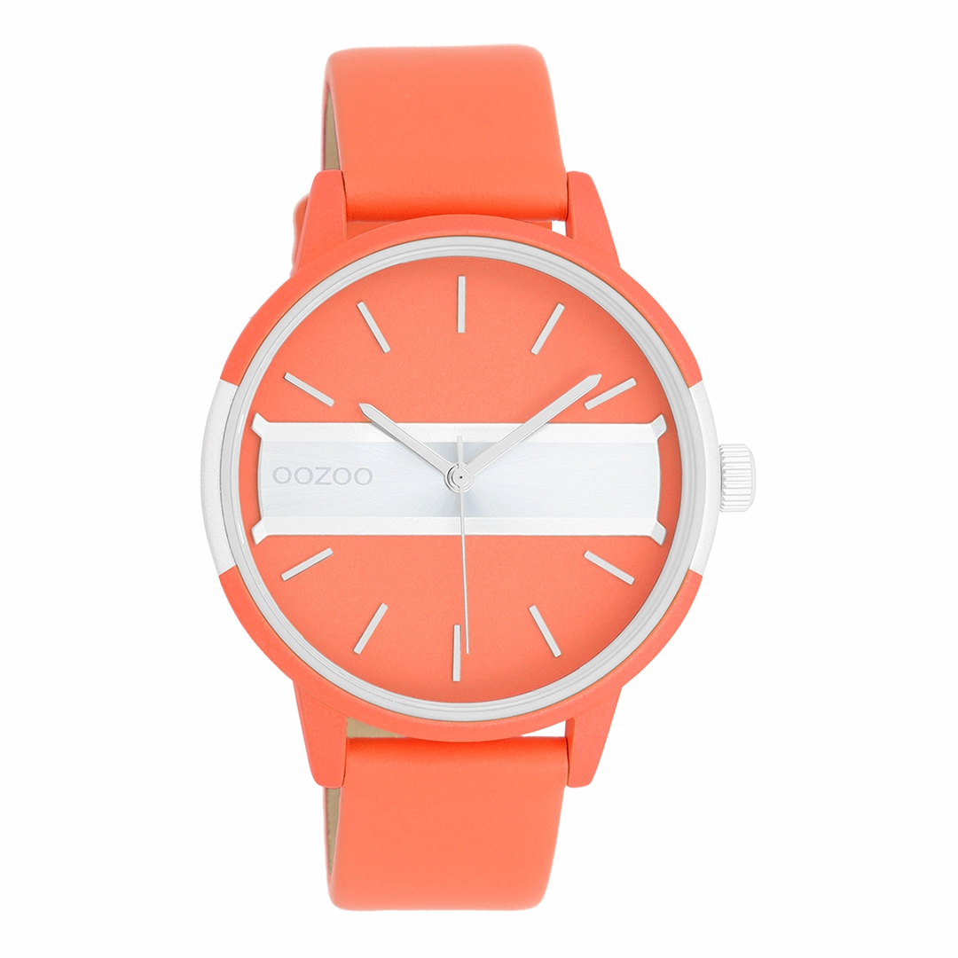 Neon red/gold coloured OOZOO watch with neon orange leather strap - C11190
