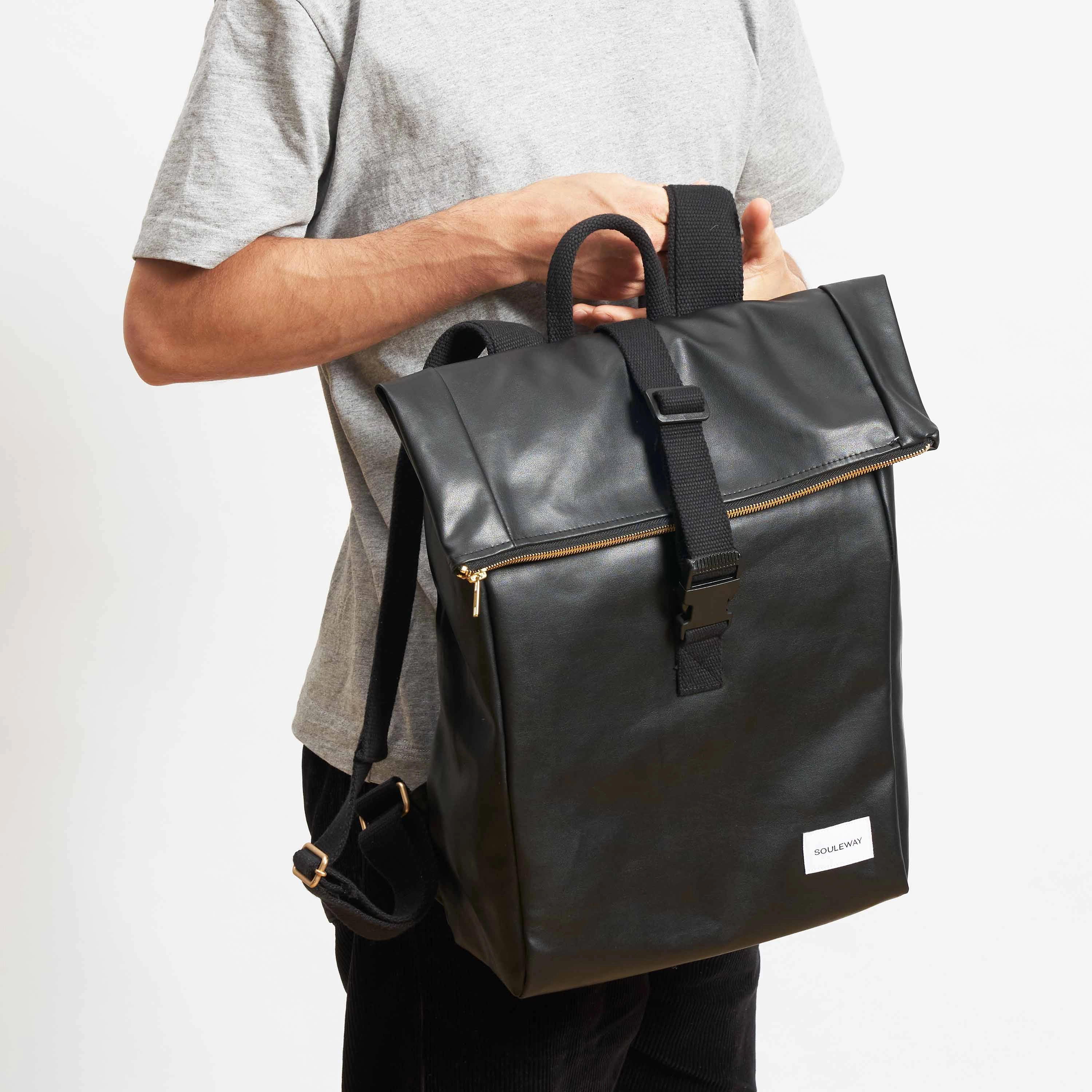 Oleatex Vegan Olive Leather Foldtop Backpack | Night Black