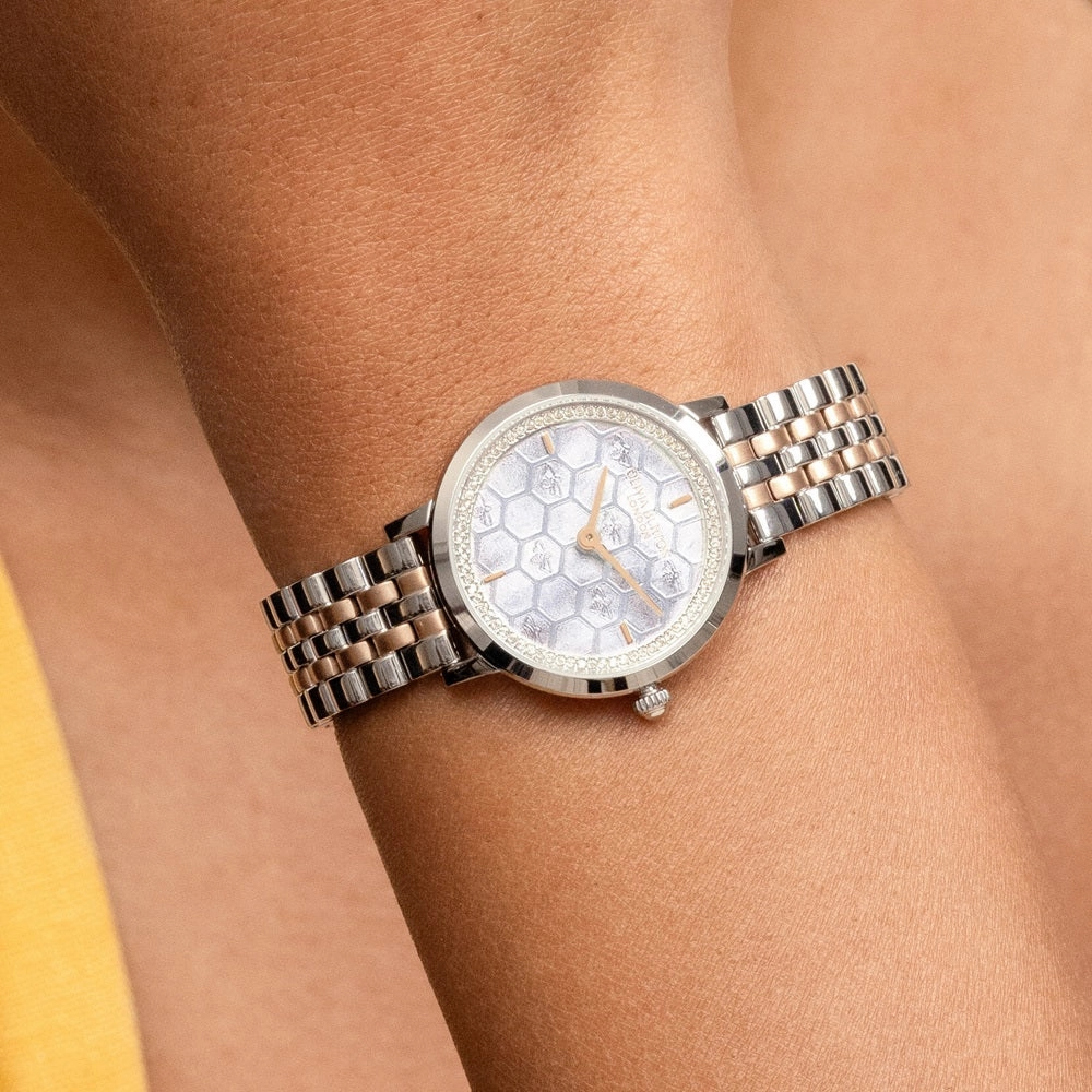 Olivia Burton Signature Honeycomb Ultra Slim Dove Grey Ladies Two Tone Watch 24000265