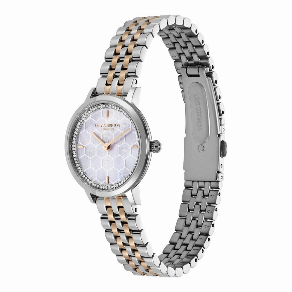 Olivia Burton Signature Honeycomb Ultra Slim Dove Grey Ladies Two Tone Watch 24000265