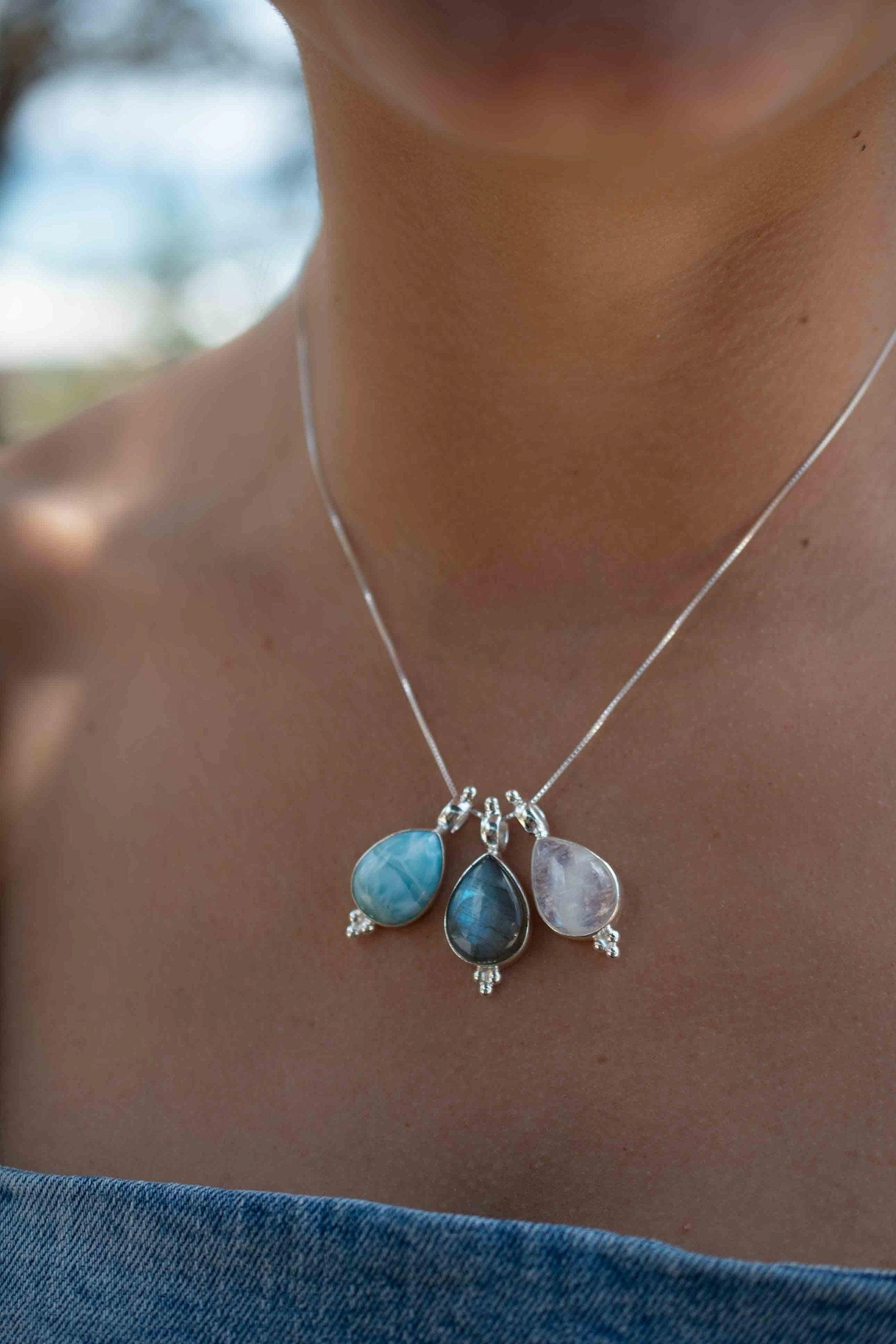 Olivia Larimar, Labradorite and Moonstone Tear Drop Necklace ~ Sterling Silver ~ MP006