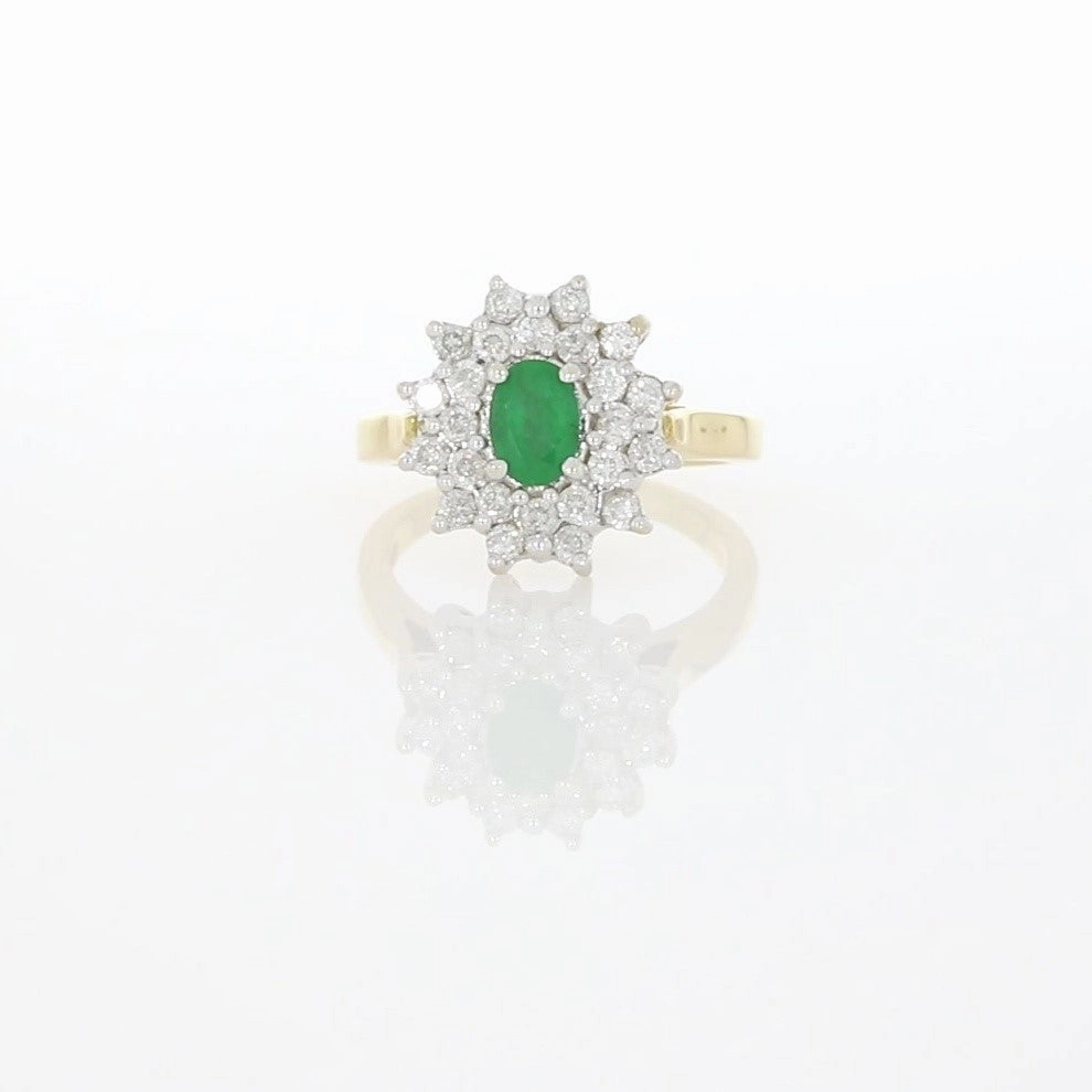 Pre Owned 18ct Gold Emerald and 1.00cts Diamond Cluster Ring
