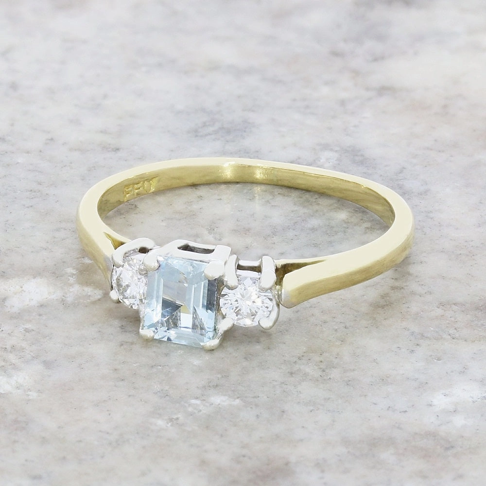 Pre Owned 18ct Yellow Gold Aquamarine and Diamond Trilogy Ring