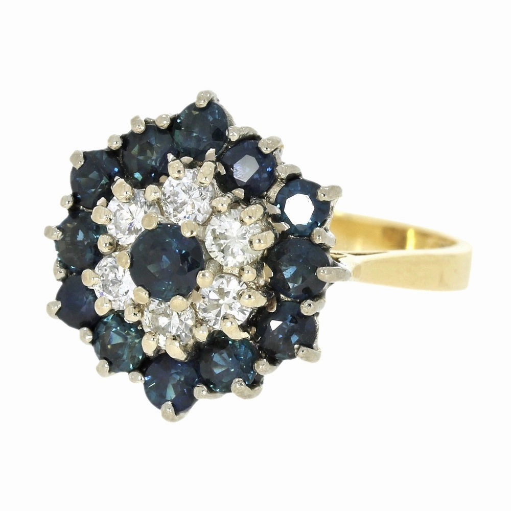 Pre Owned 18ct Yellow Gold Sapphire And 0.25cts Diamond Cluster Ring