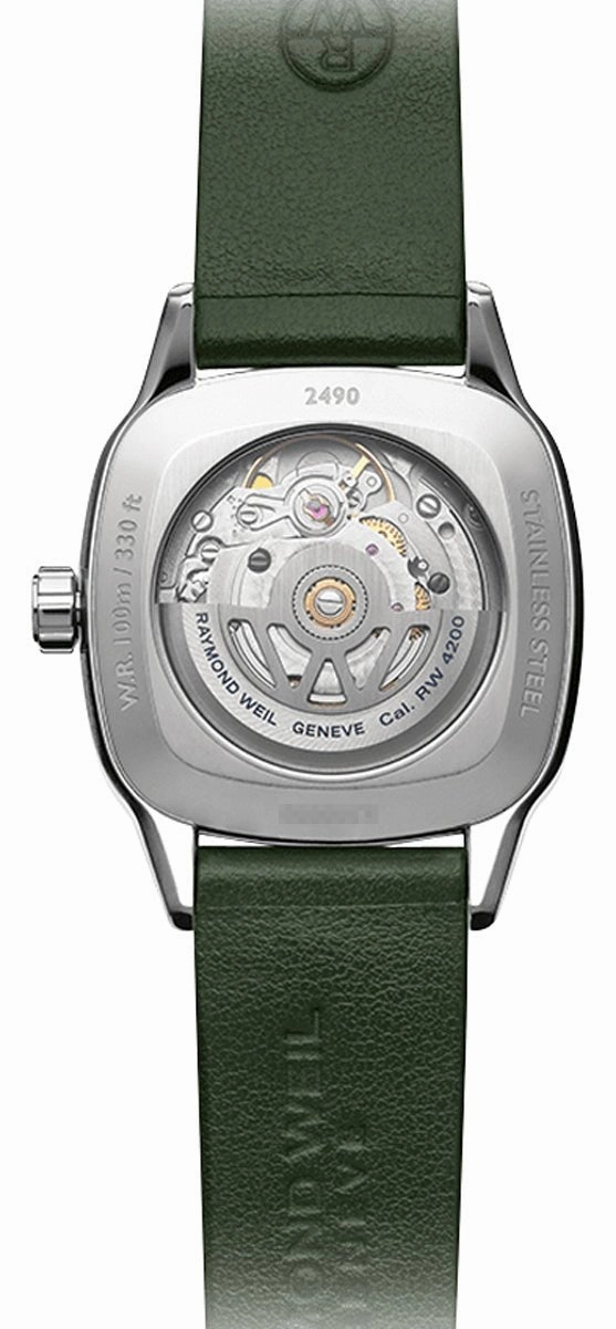 Raymond Weil Freelancer Automatic Stainless Steel Green Dial Green Leather Strap Date Diamonds Womens Watch 2490-SCS-52051