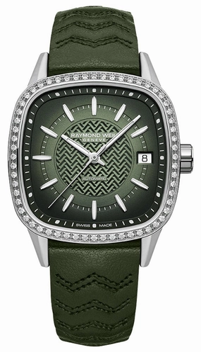Raymond Weil Freelancer Automatic Stainless Steel Green Dial Green Leather Strap Date Diamonds Womens Watch 2490-SCS-52051