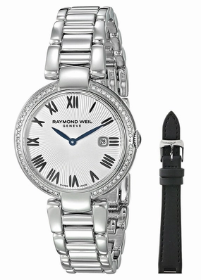 Raymond Weil Shine Stainless Steel Diamonds Silver-Tone Dial Interchangeable Black Satin Strap Date Quartz Womens Watch 1600-STS-00659