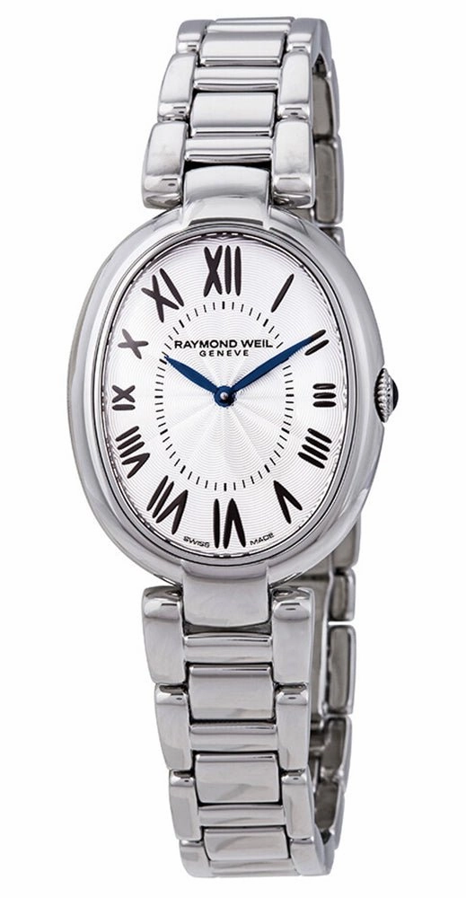 Raymond Weil Shine Stainless Steel Oval Case Silver-Tone Dial Interchangeable Black Satin Strap Quartz Womens Watch 1700-ST-00659