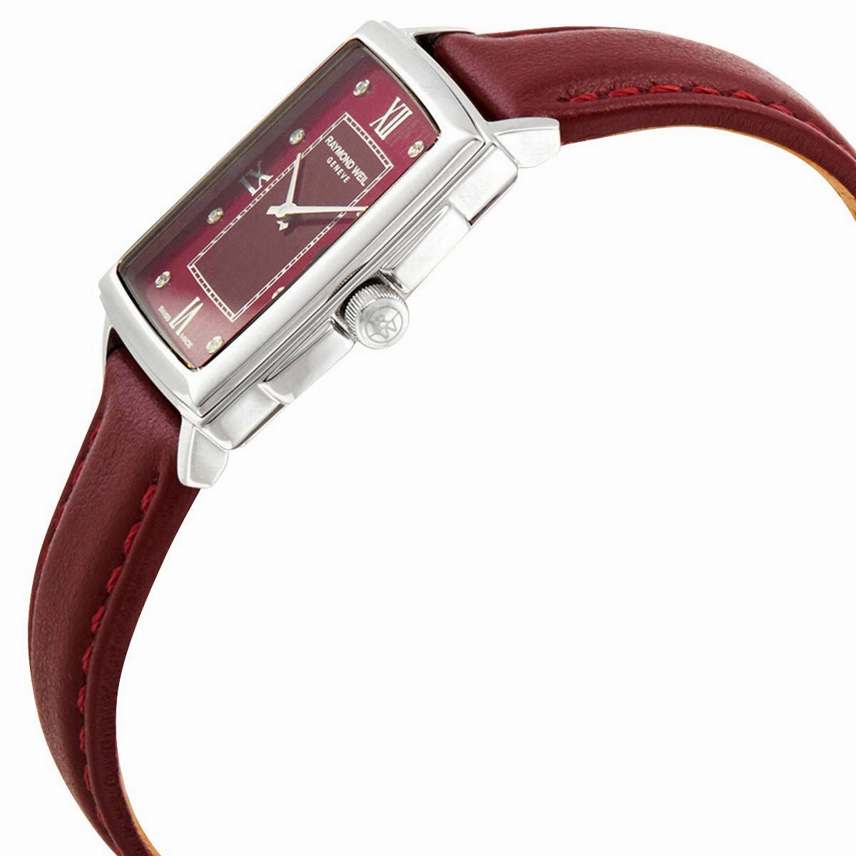Raymond Weil Toccata Stainless Steel Burgundy Dial Burgundy Leather Strap Diamonds Date Quartz Womens Watch 5925-STC-00451