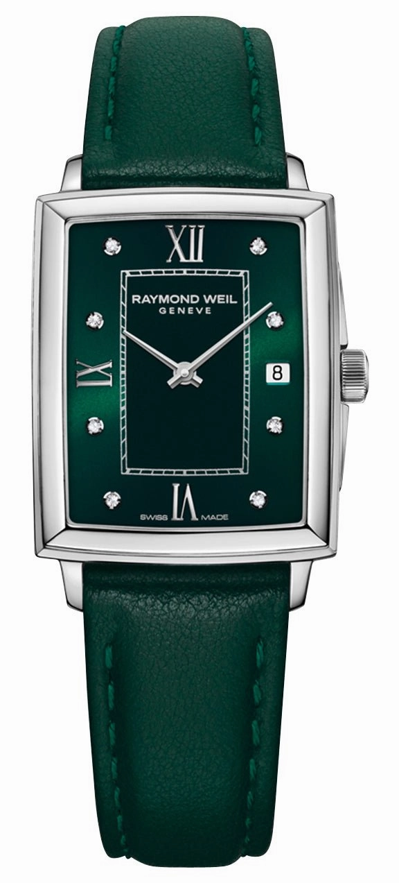 Raymond Weil Toccata Stainless Steel Green Dial Green Leather Strap Diamonds Date Quartz Womens Watch 5925-STC-00521