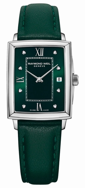 Raymond Weil Toccata Stainless Steel Green Dial Green Leather Strap Diamonds Date Quartz Womens Watch 5925-STC-00521