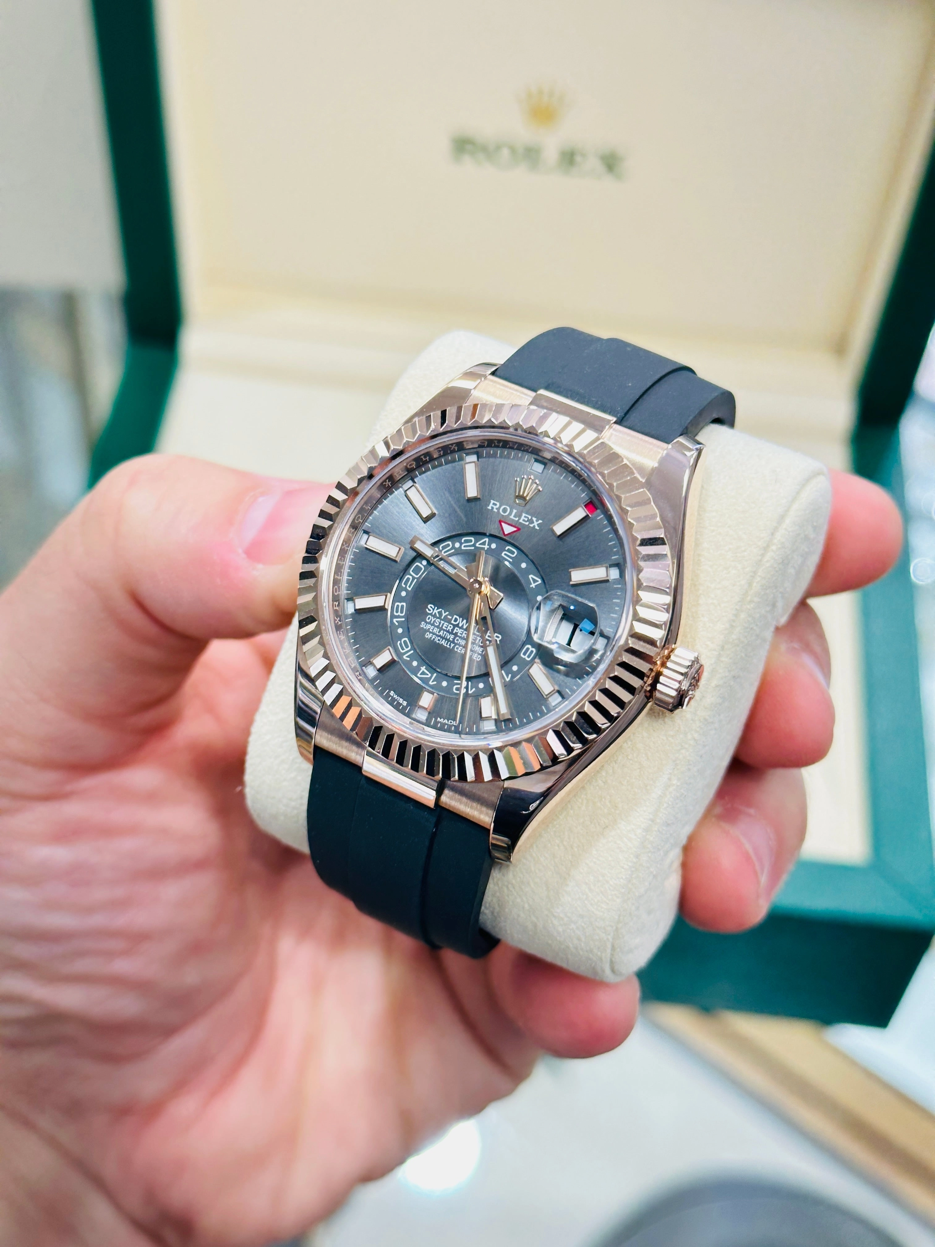Rolex Sky-Dweller 326235 18k EverRose Gold Rhodium Dial 42 OysterFlex Box and Papers
