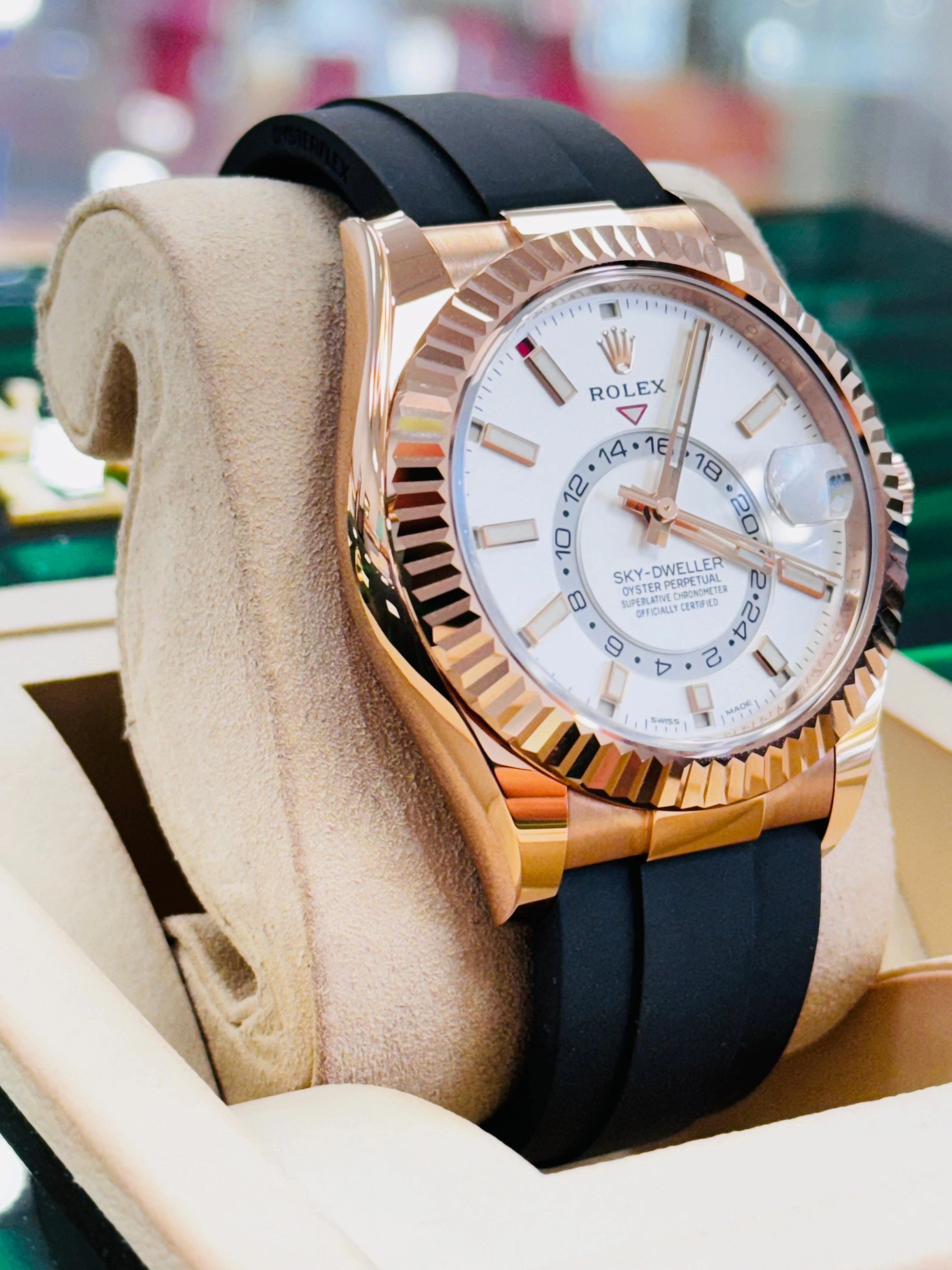 Rolex Sky-Dweller 326235 18K EverRose Gold White Dial 42mm OysterFlex Box and Papers UNWORN