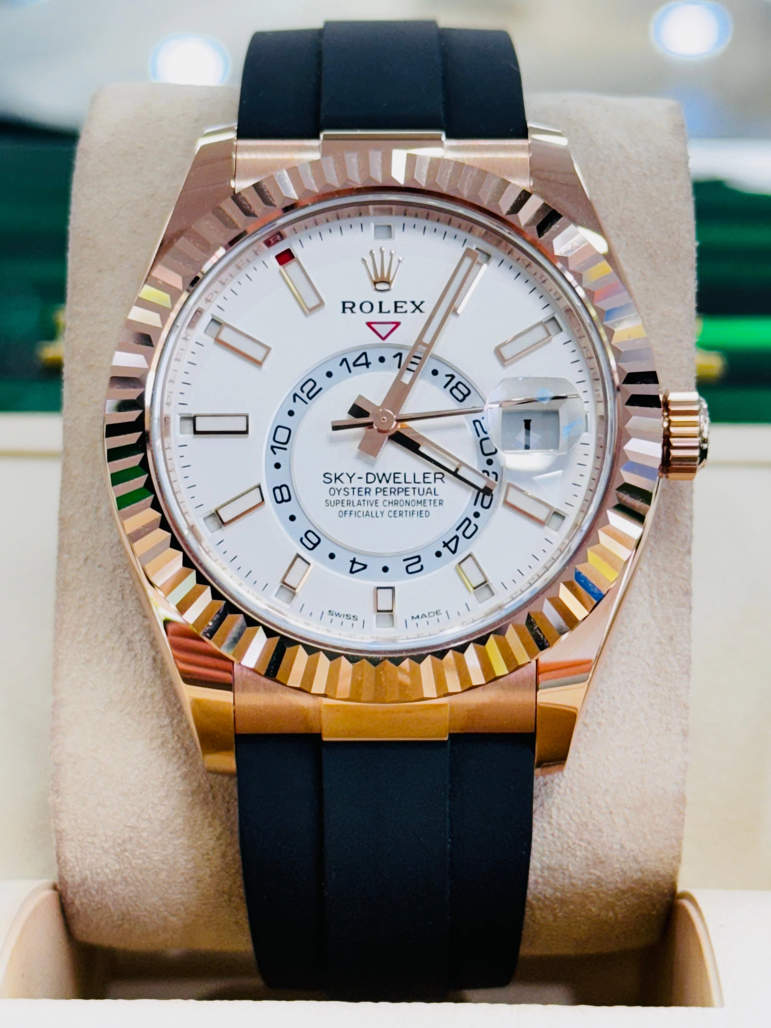 Rolex Sky-Dweller 326235 18K EverRose Gold White Dial 42mm OysterFlex Box and Papers UNWORN