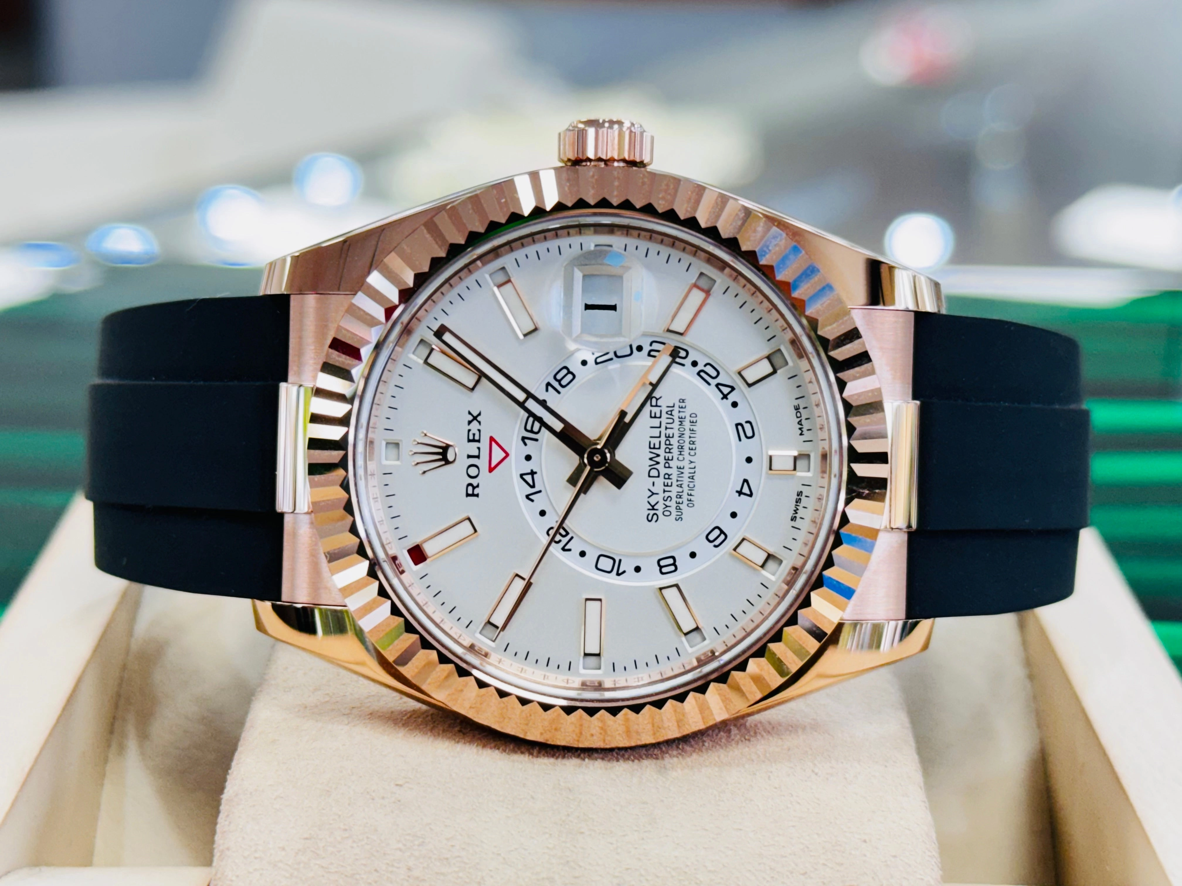 Rolex Sky-Dweller 326235 18K EverRose Gold White Dial 42mm OysterFlex Box and Papers UNWORN