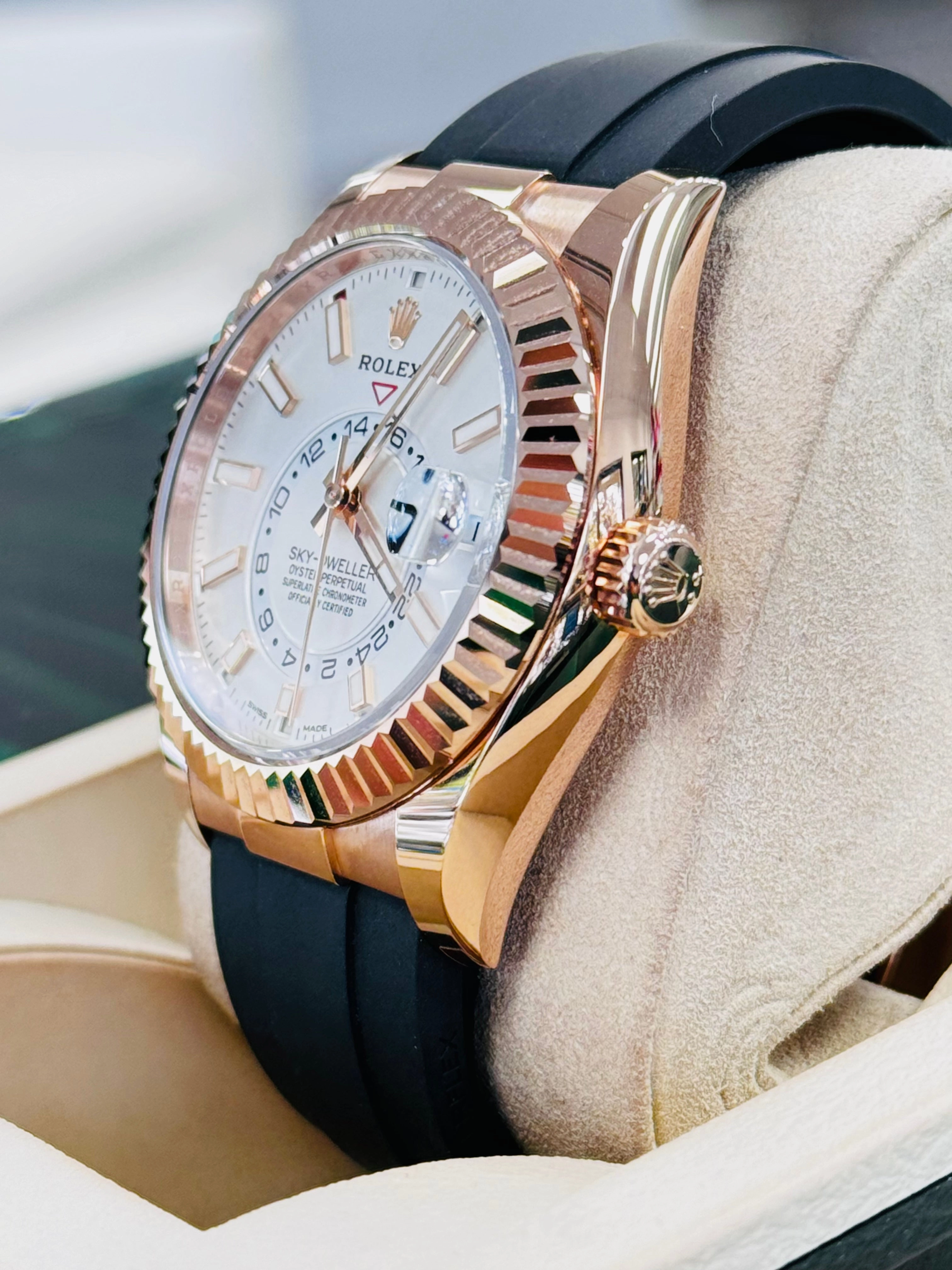 Rolex Sky-Dweller 326235 18K EverRose Gold White Dial 42mm OysterFlex Box and Papers UNWORN