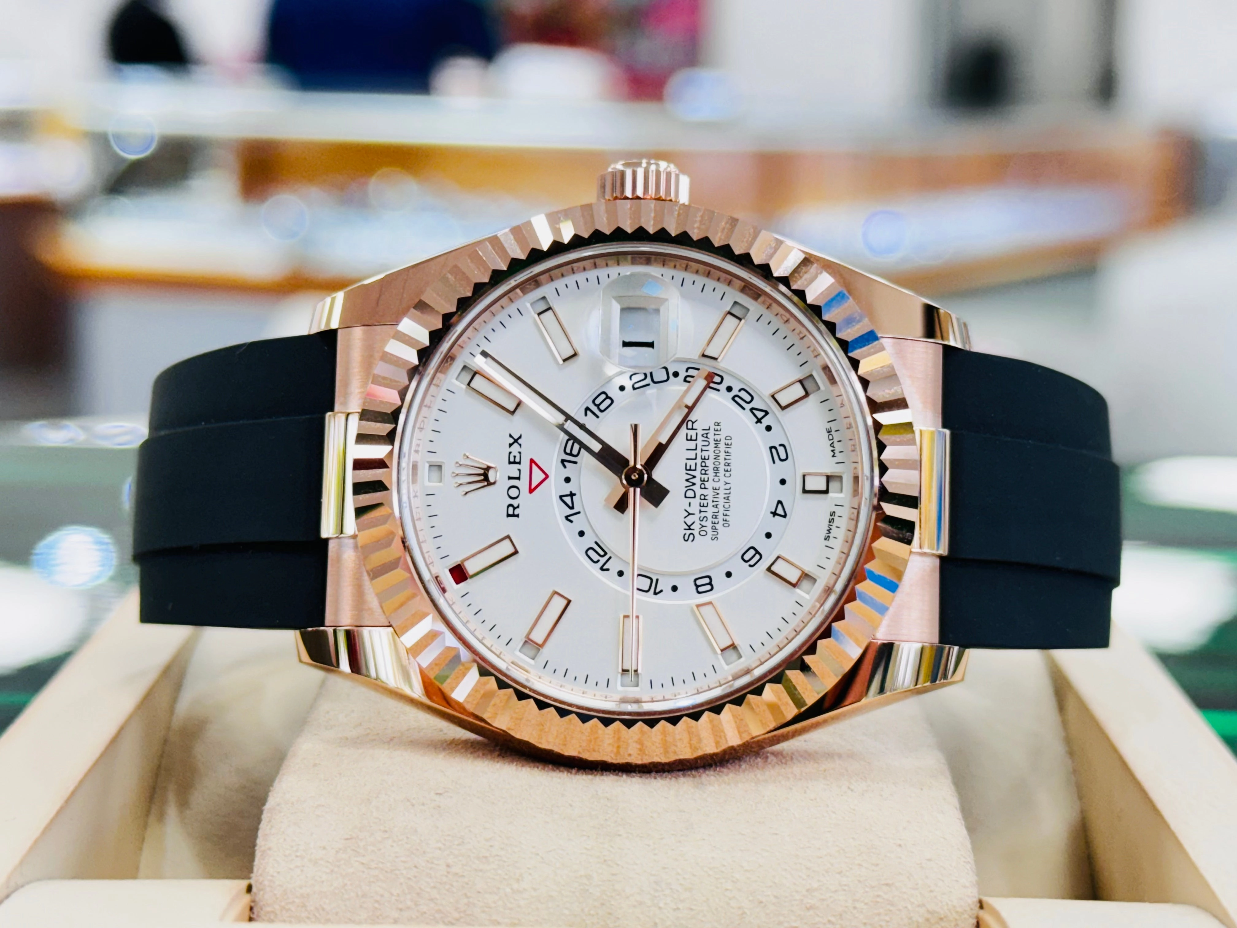 Rolex Sky-Dweller 326235 18K EverRose Gold White Dial 42mm OysterFlex Box and Papers UNWORN