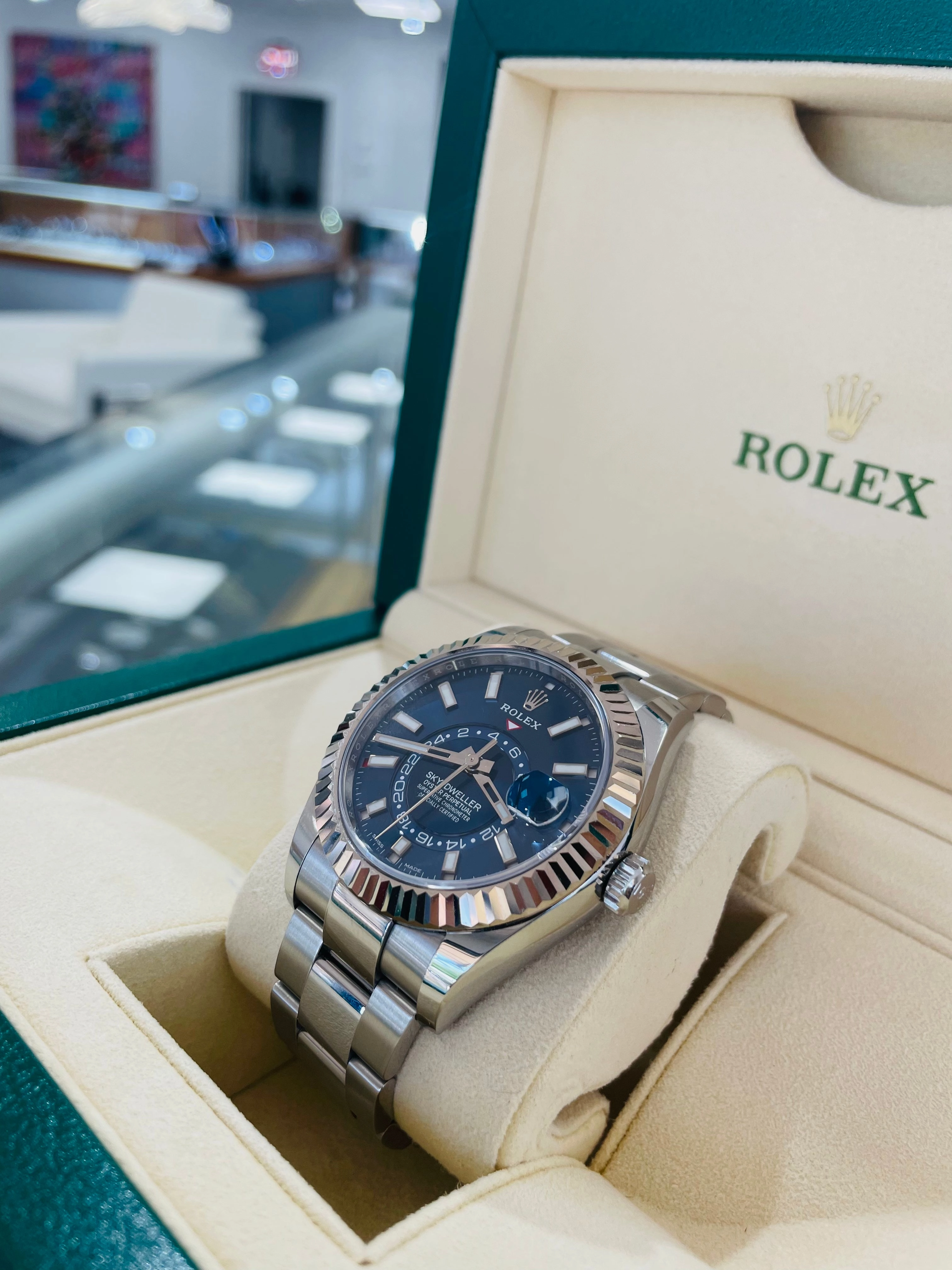 Rolex Sky-Dweller 326934 BLUSO Blue Dial Stainless Steel 42mm 18k White Gold Bezel PAPERS MINT