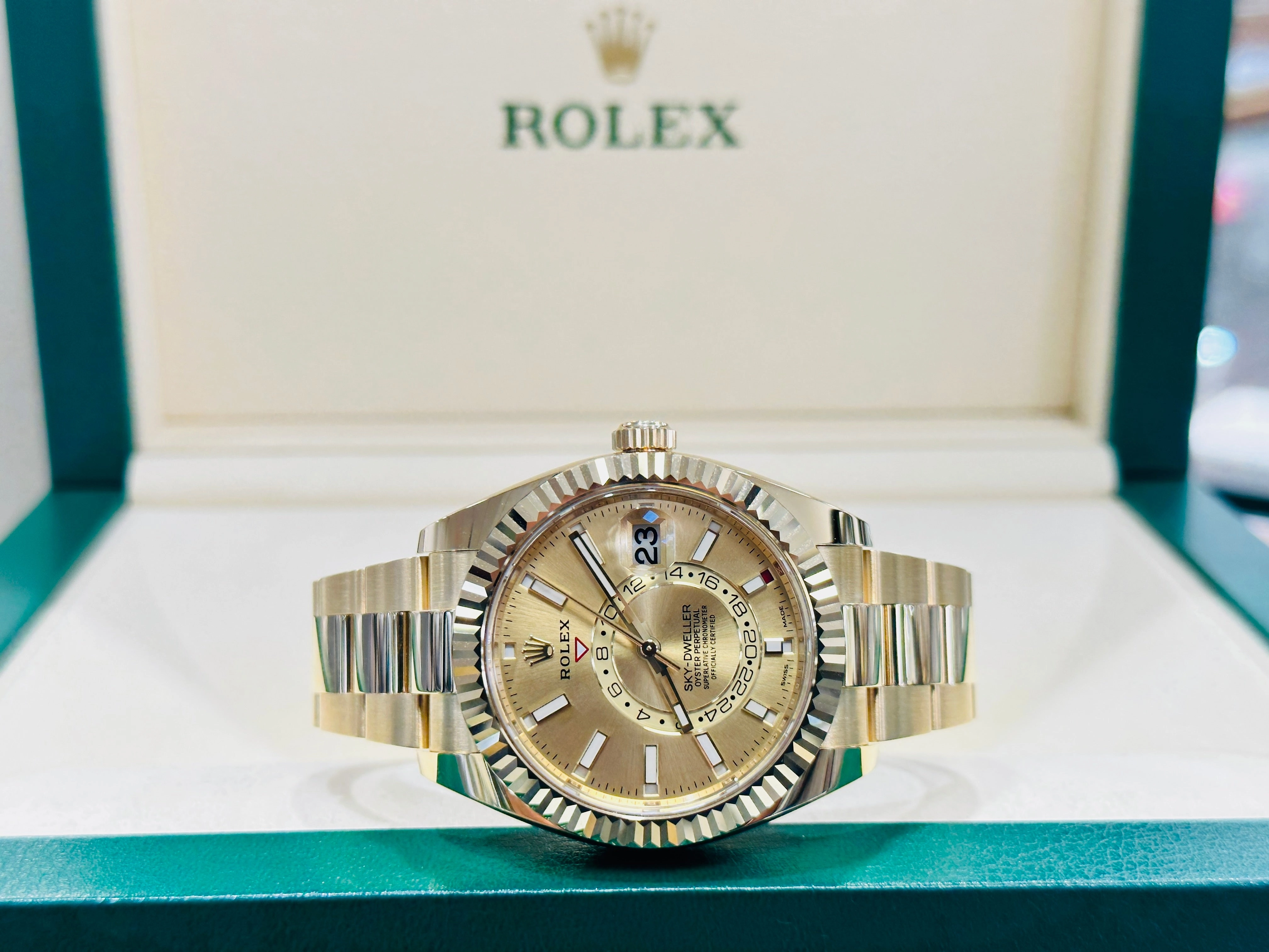 Rolex Sky-Dweller 326938 Yellow Gold Champagne Dial 42 Unworn Box and Papers