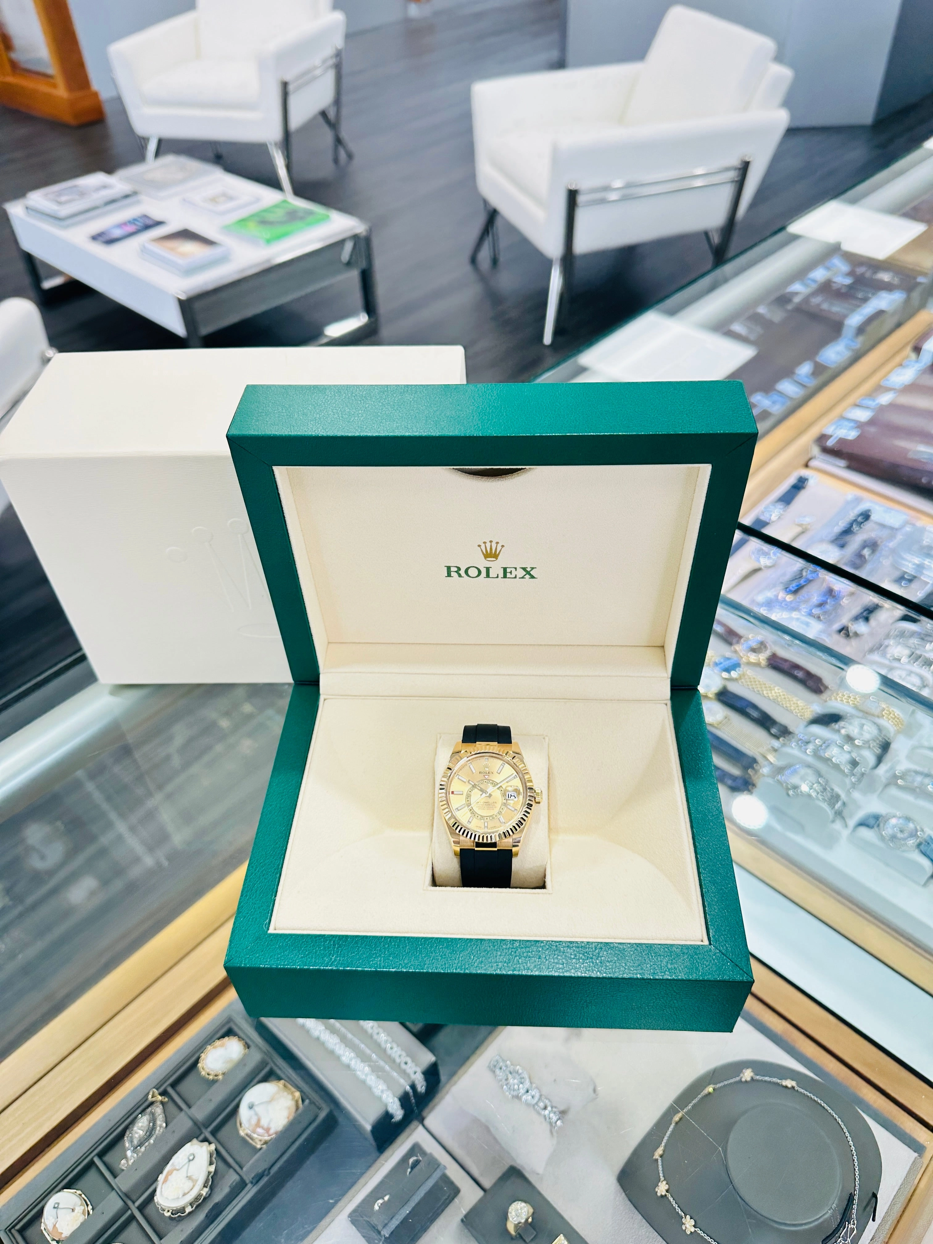 Rolex Sky-Dweller 42 Oysterflex 326238 Yellow Gold Champagne Dial Box and Paper PreOwned