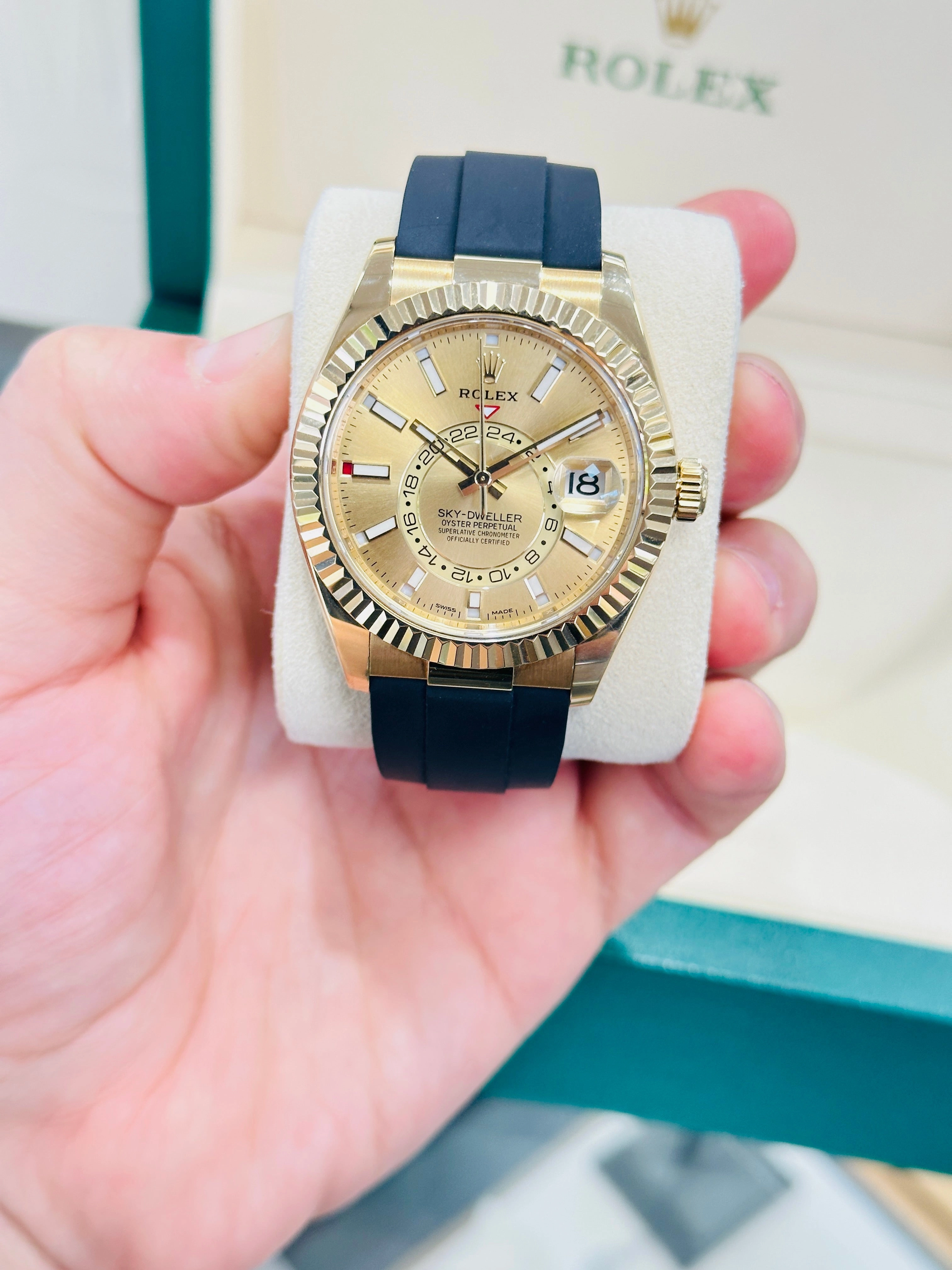 Rolex Sky-Dweller 42 Oysterflex 326238 Yellow Gold Champagne Dial Box and Paper PreOwned