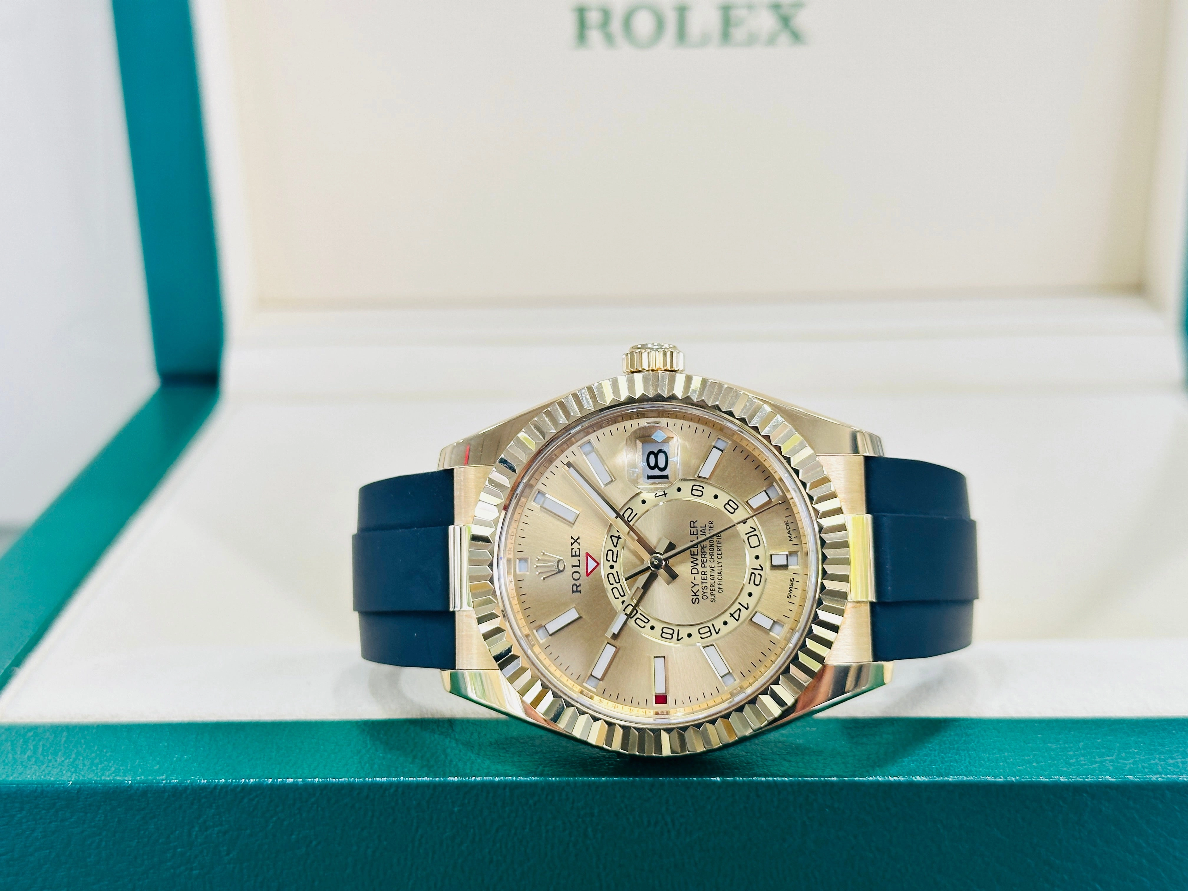 Rolex Sky-Dweller 42 Oysterflex 326238 Yellow Gold Champagne Dial Box and Paper PreOwned