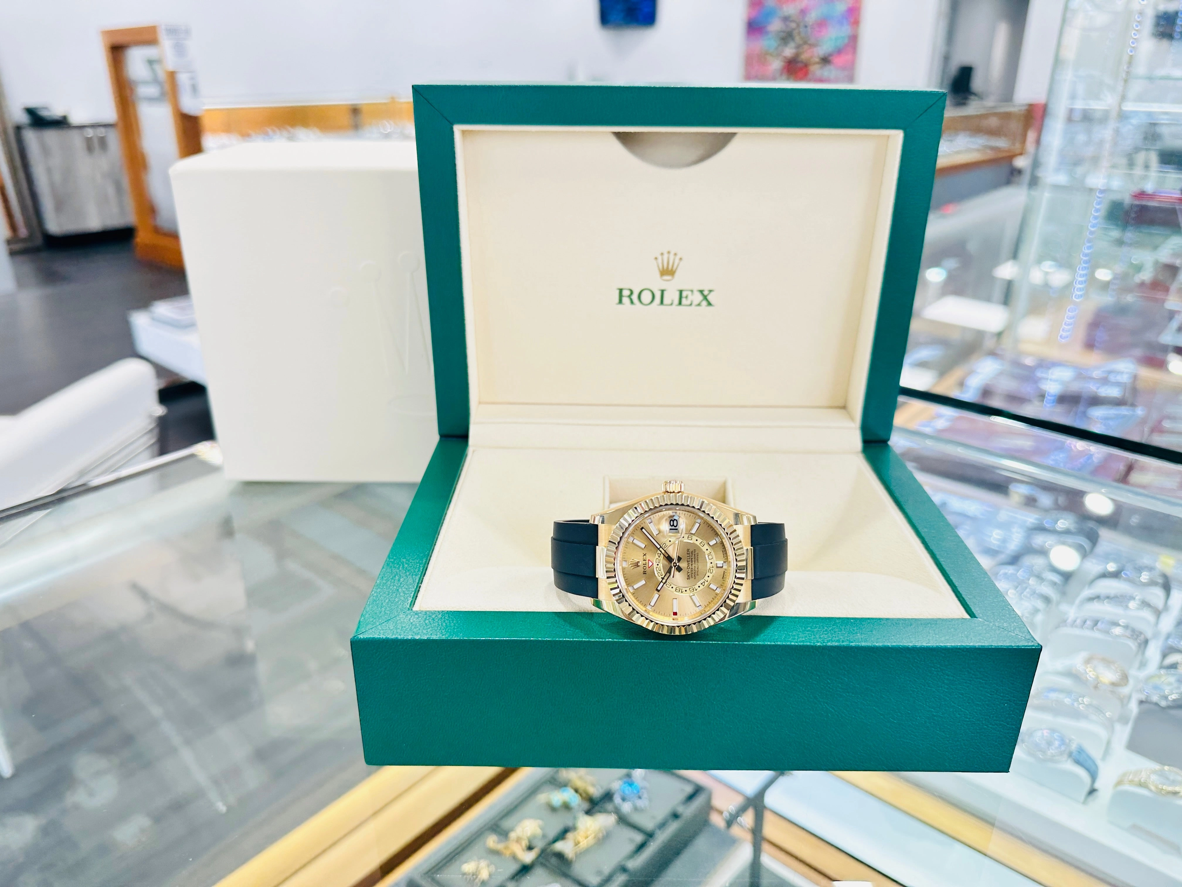 Rolex Sky-Dweller 42 Oysterflex 326238 Yellow Gold Champagne Dial Box and Paper PreOwned