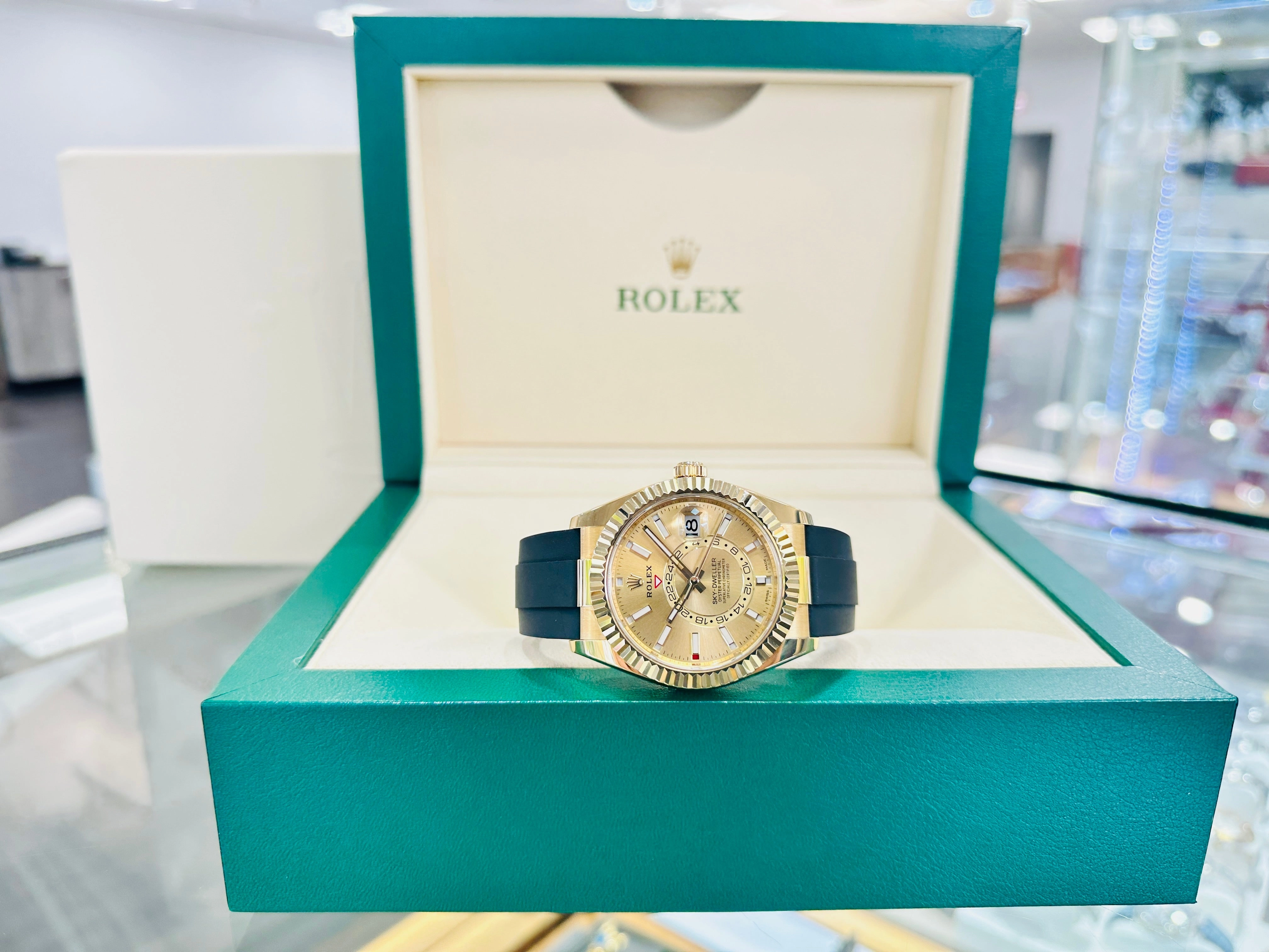 Rolex Sky-Dweller 42 Oysterflex 326238 Yellow Gold Champagne Dial Box and Paper PreOwned