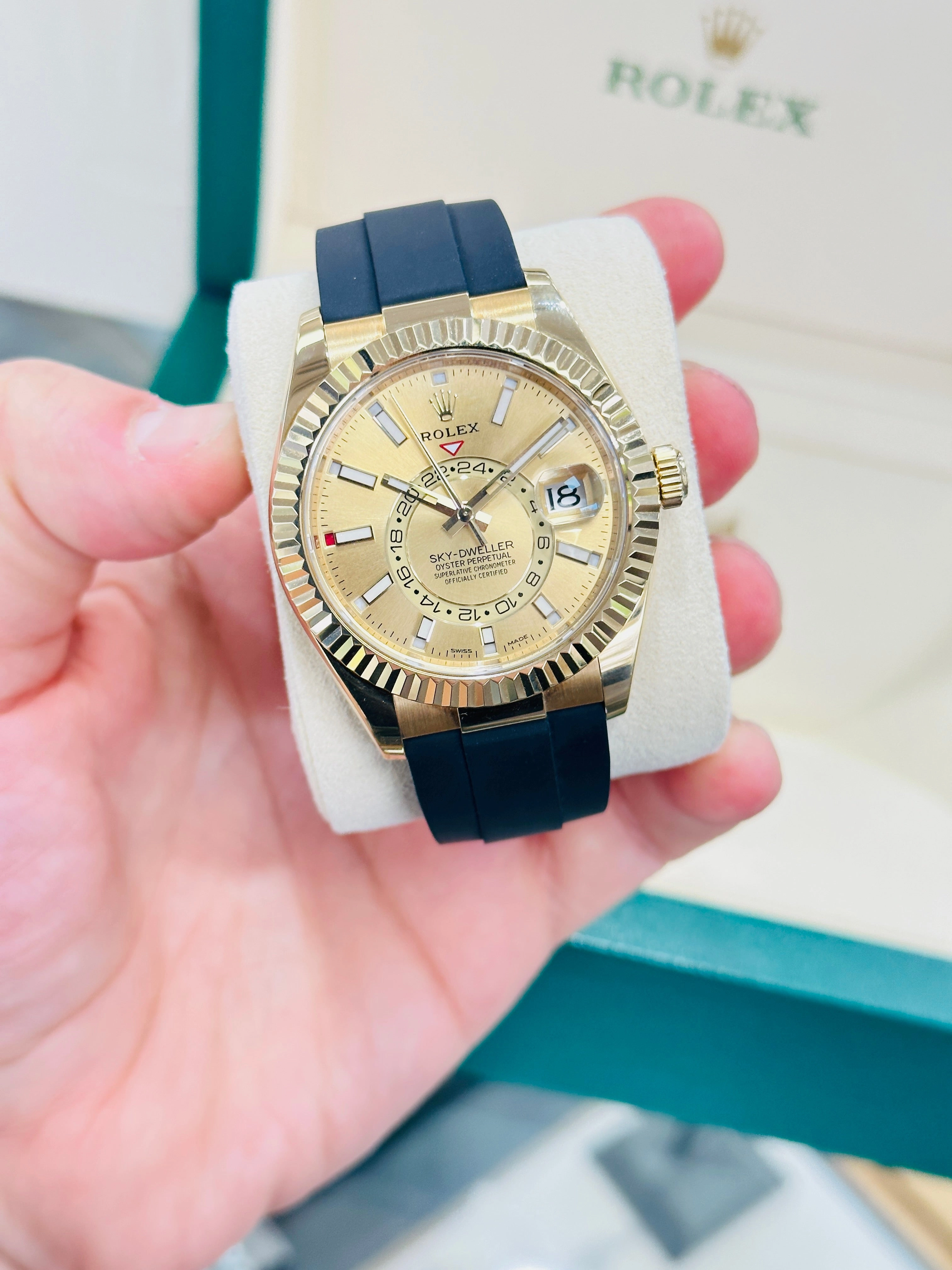 Rolex Sky-Dweller 42 Oysterflex 326238 Yellow Gold Champagne Dial Box and Paper PreOwned