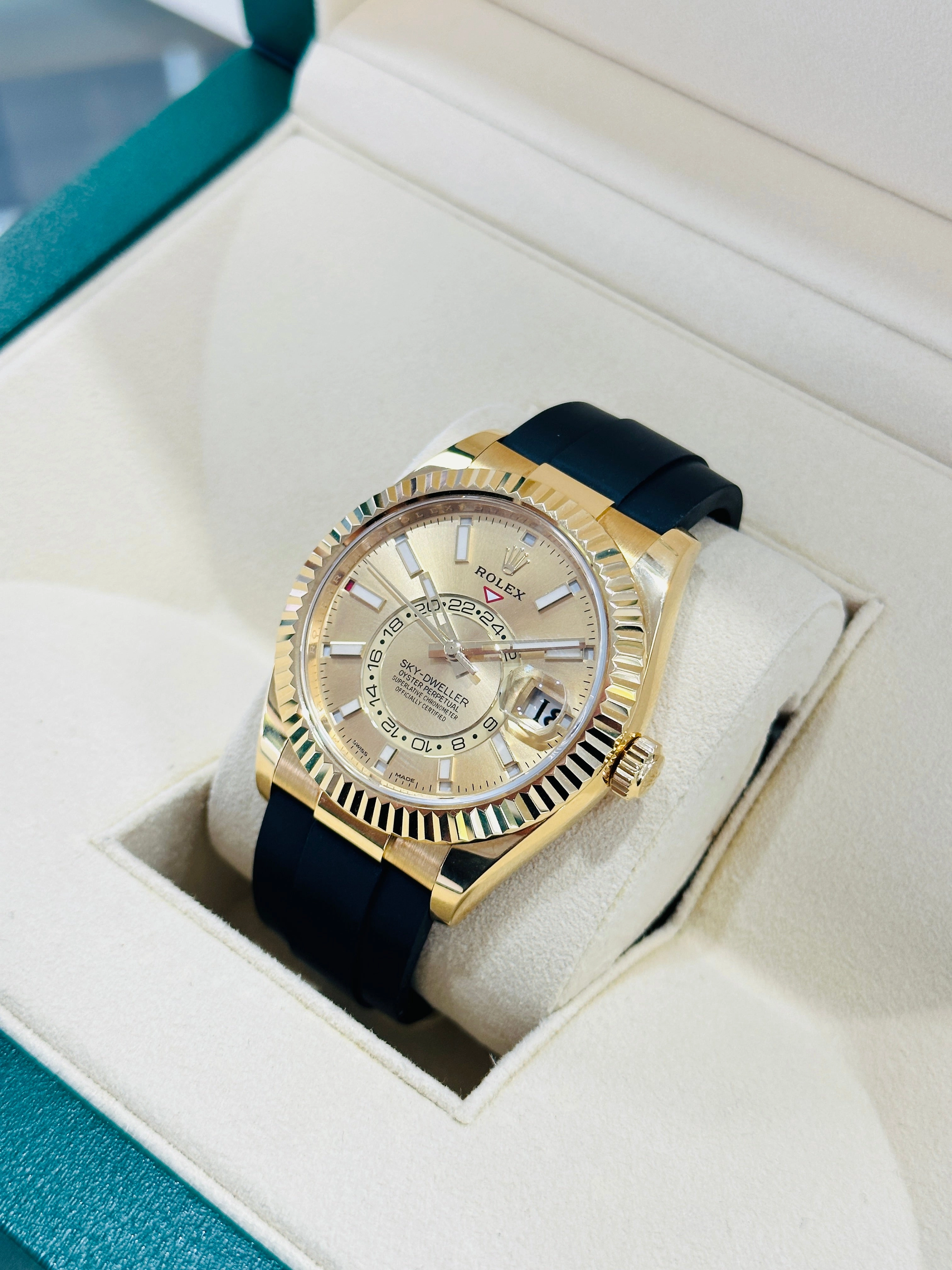 Rolex Sky-Dweller 42 Oysterflex 326238 Yellow Gold Champagne Dial Box and Paper PreOwned