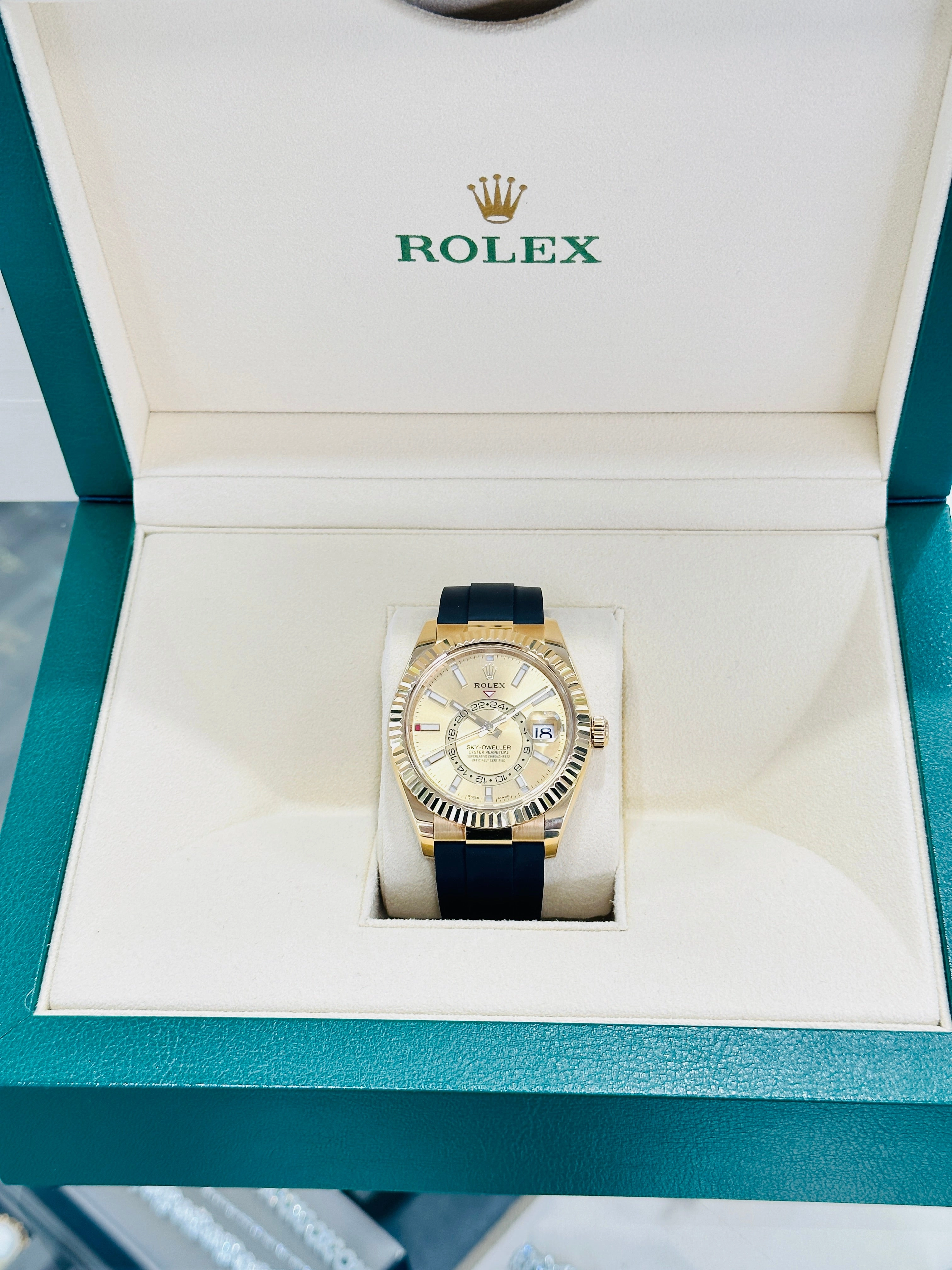 Rolex Sky-Dweller 42 Oysterflex 326238 Yellow Gold Champagne Dial Box and Paper PreOwned