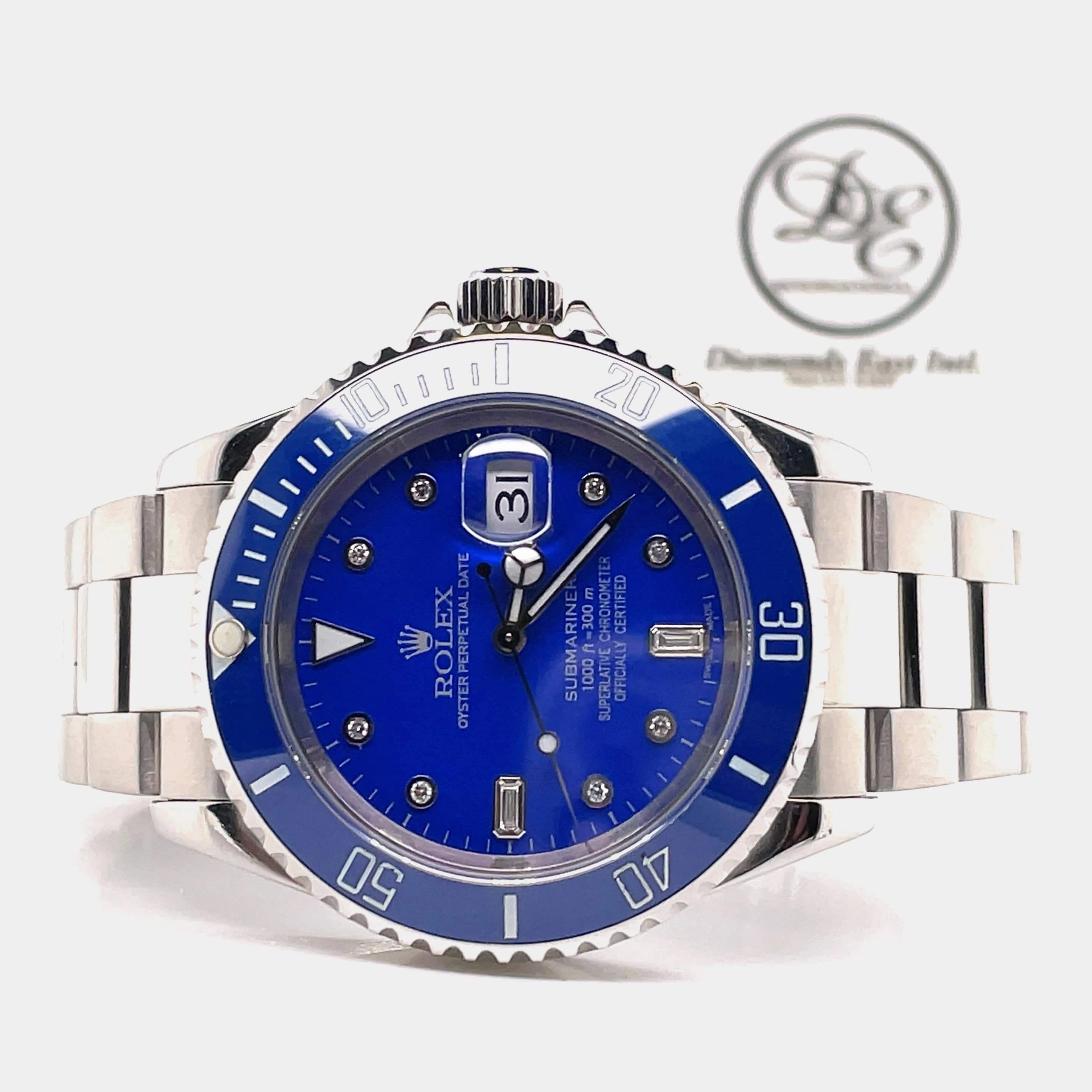 Rolex Submariner 16610 Oyster Stainless Steel Blue Bezel Diamond Dial Watch MINT