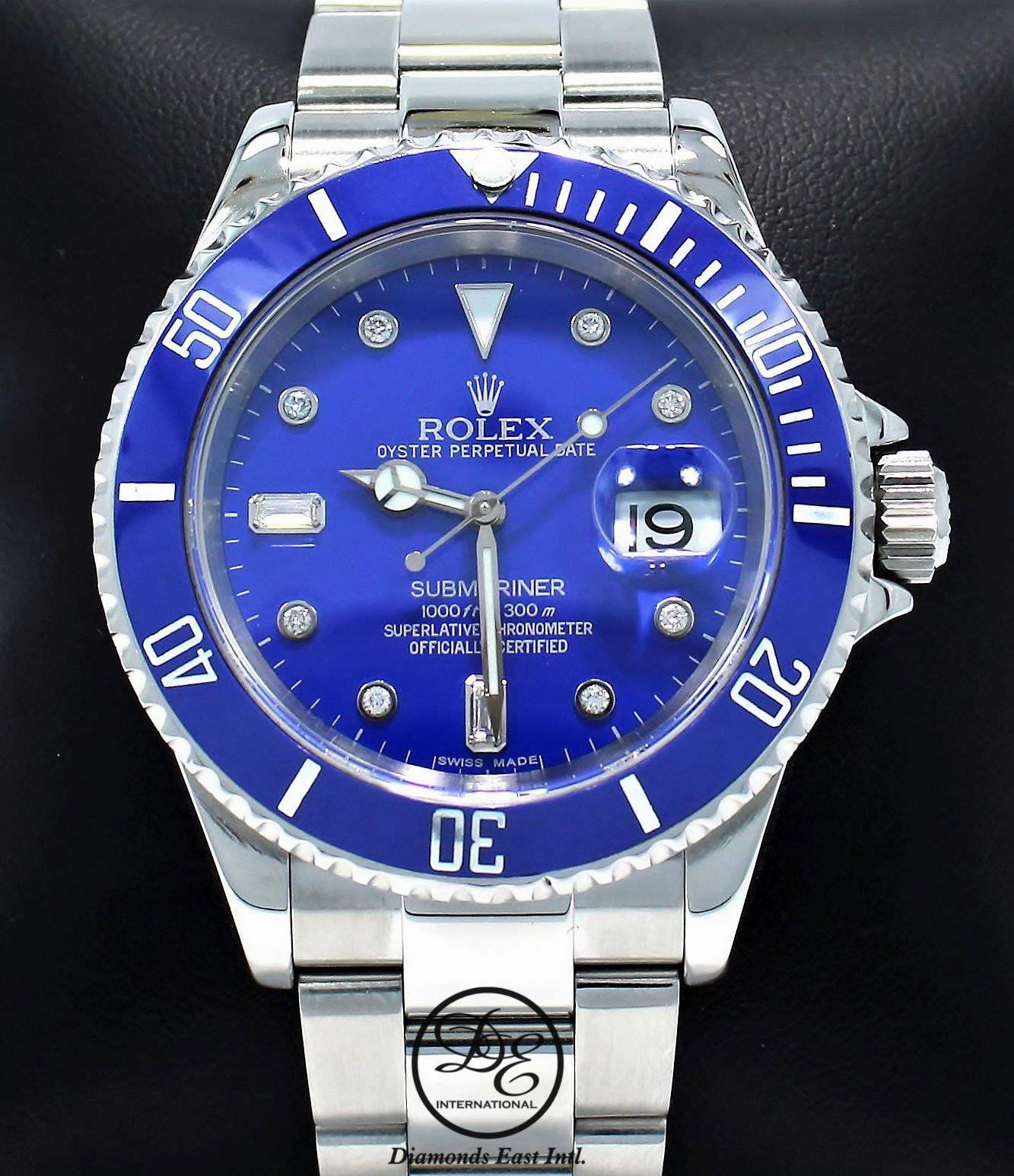 Rolex Submariner 16610 Steel Blue Dial and Blue Bezel Diamond Dial Watch MINT