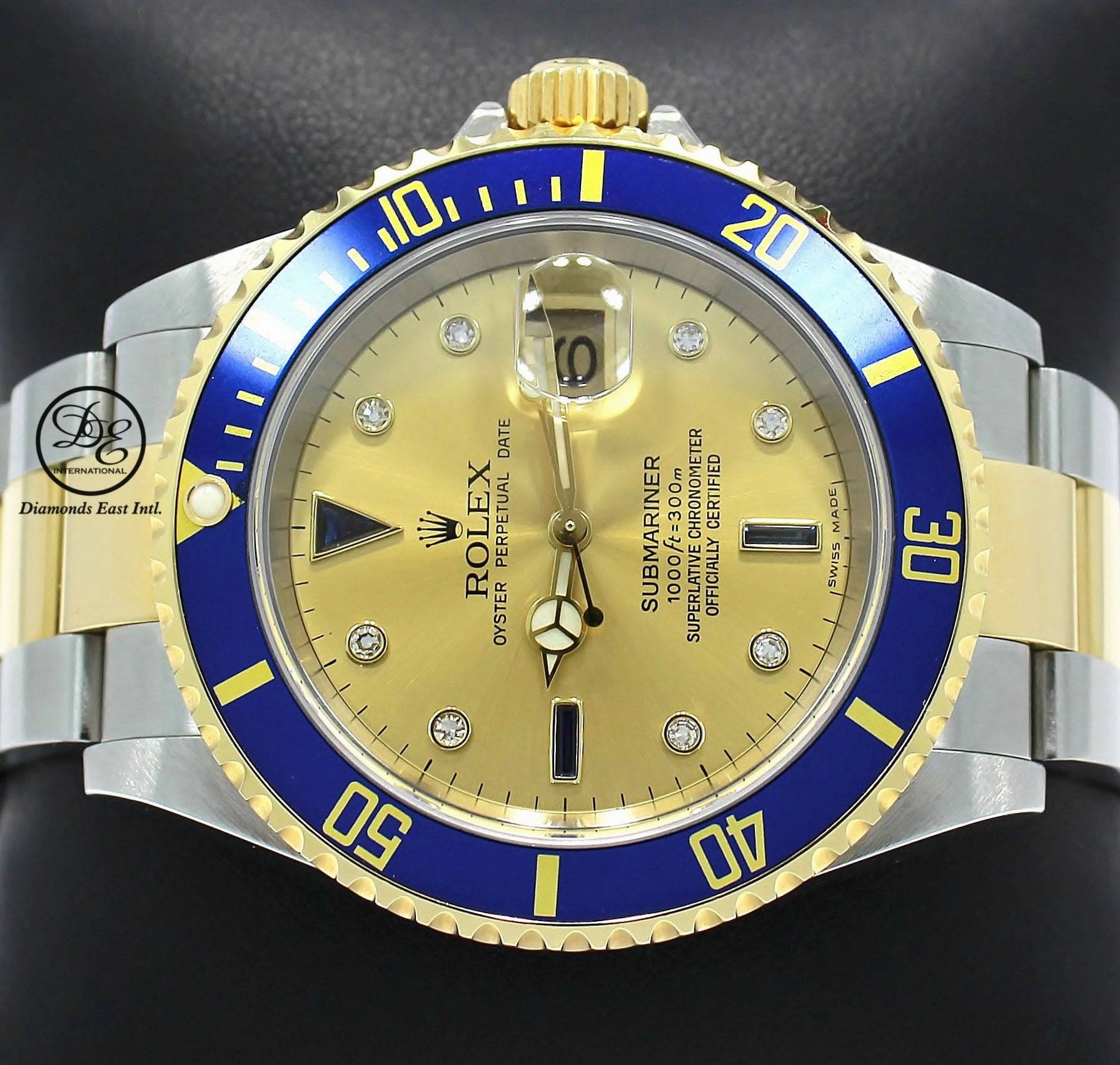 Rolex Submariner 16613 18k Yellow Gold/SS FACTORY Serti Blue Sapphires & Diamonds