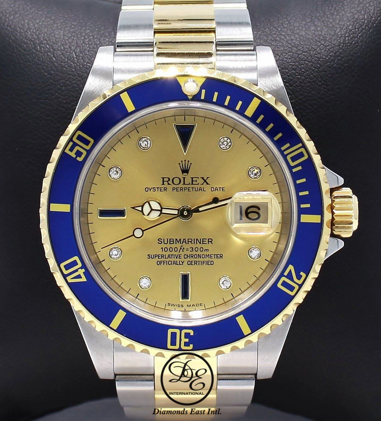 Rolex Submariner 16613 18k Yellow Gold/SS FACTORY Serti Blue Sapphires & Diamonds