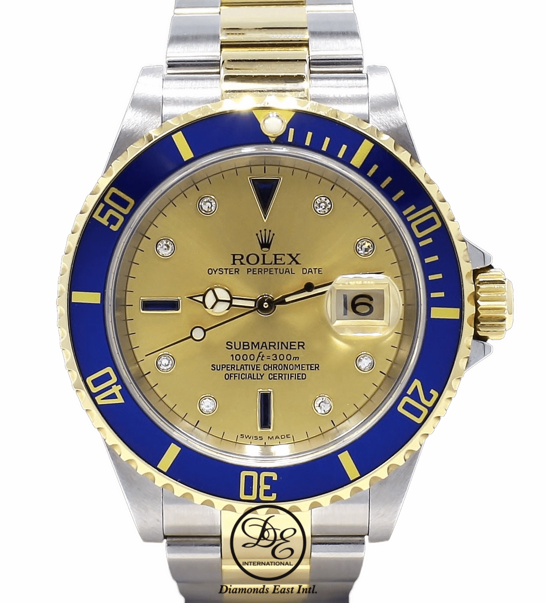 Rolex Submariner 16613 18k Yellow Gold/SS FACTORY Serti Blue Sapphires & Diamonds