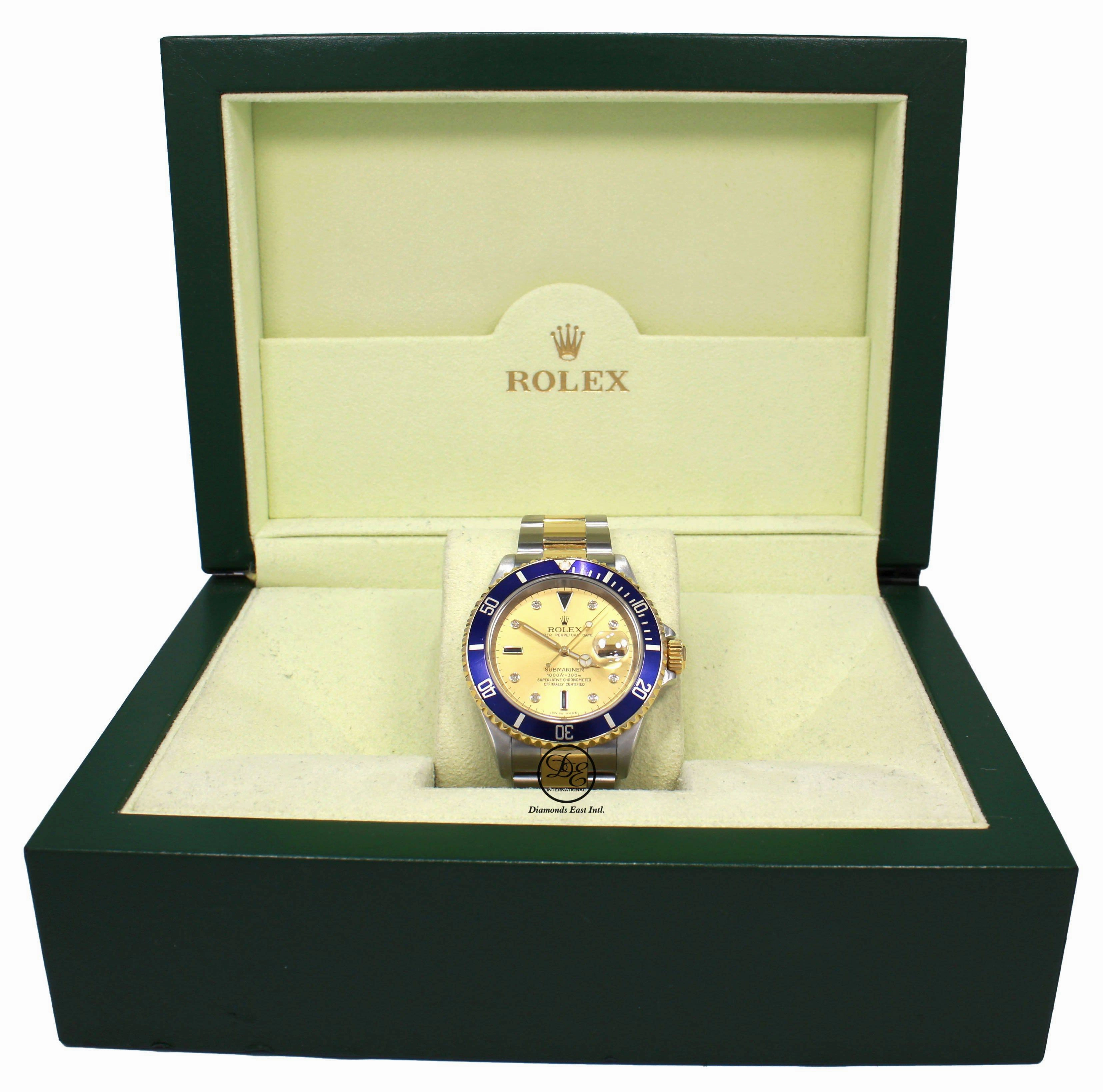 Rolex Submariner 16613 18k Yellow Gold/SS FACTORY SERTI Sapphires/Diamonds BOX/PAPERS