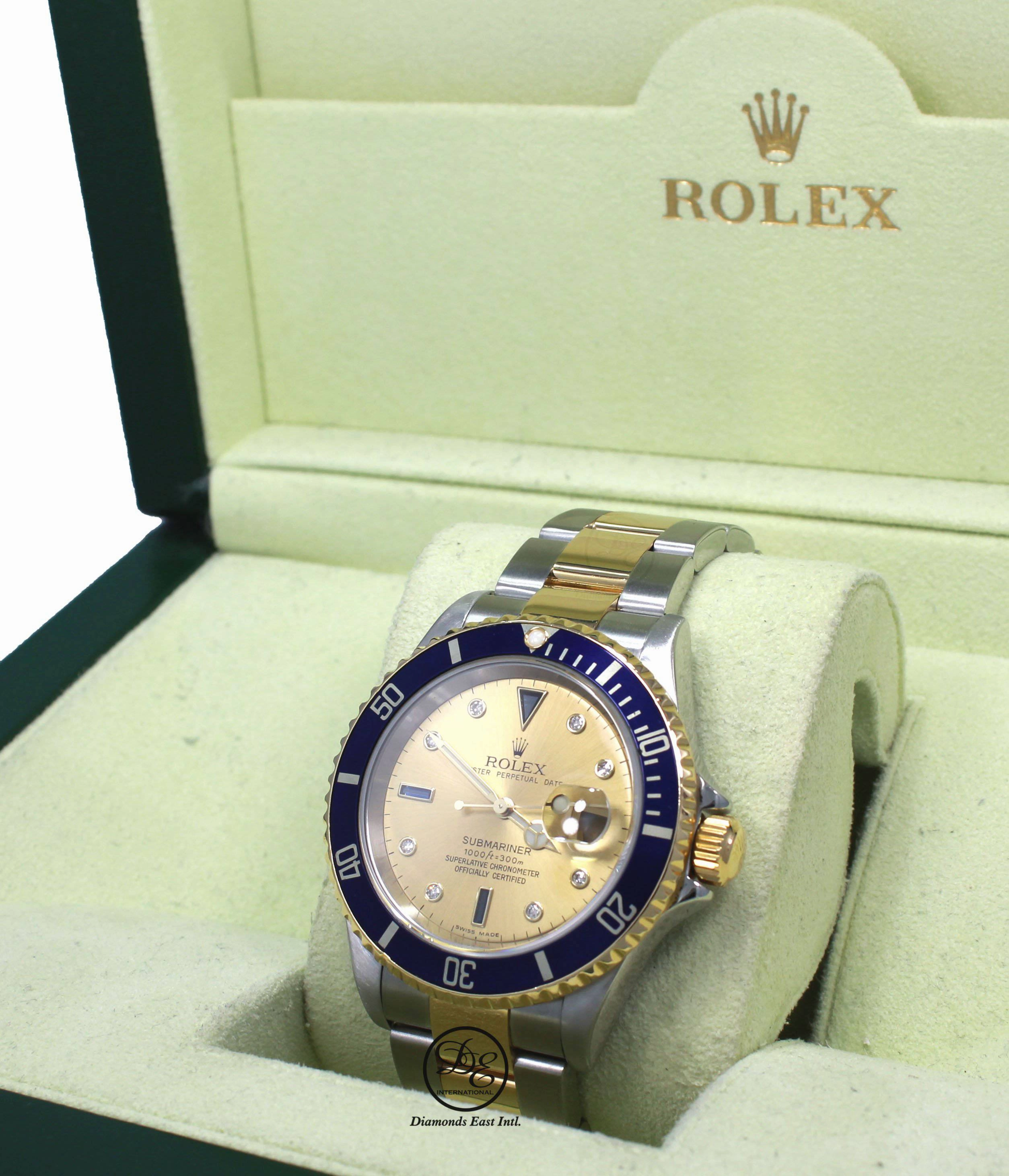 Rolex Submariner 16613 18k Yellow Gold/SS FACTORY SERTI Sapphires/Diamonds BOX/PAPERS