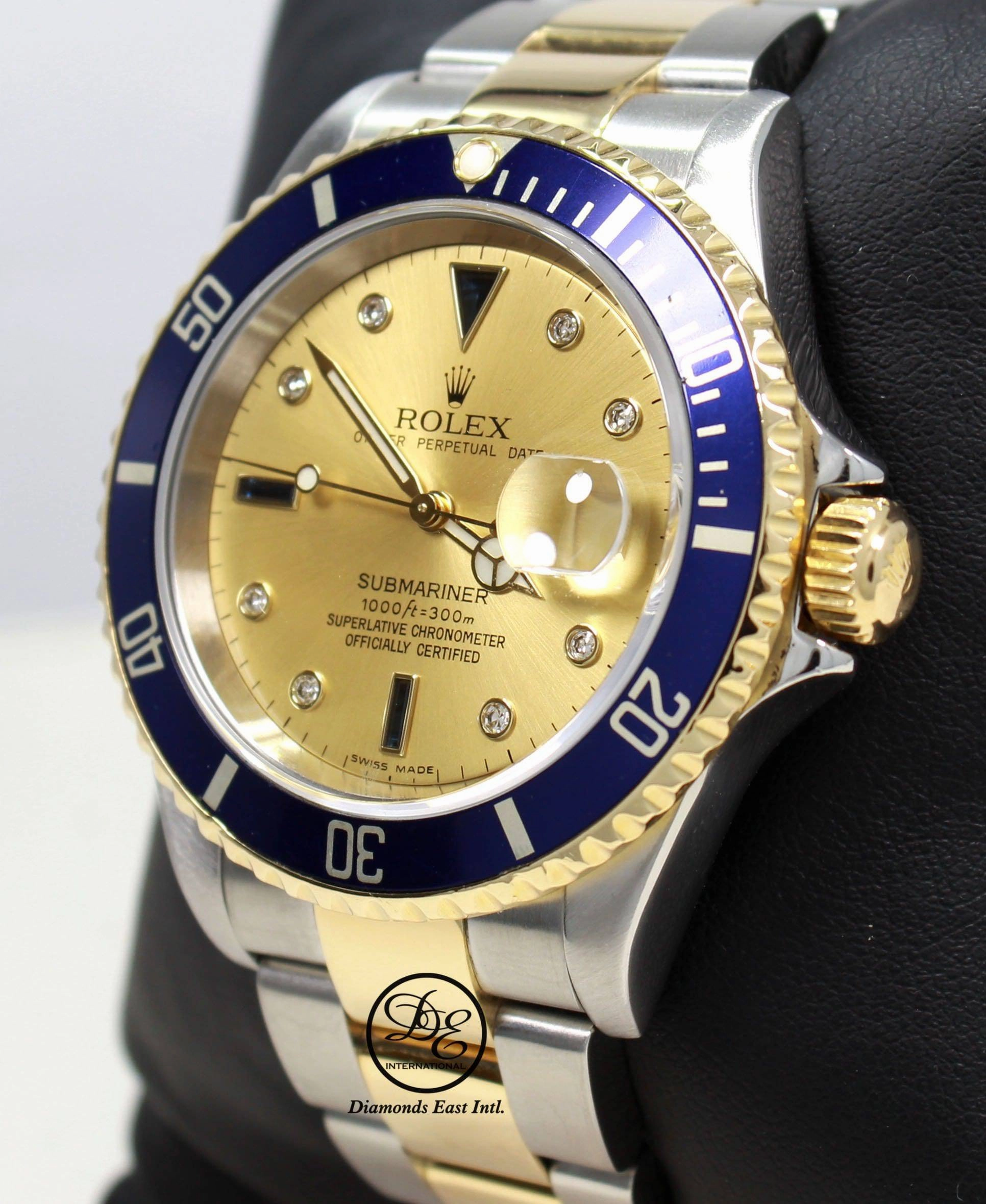 Rolex Submariner 16613 18k Yellow Gold/SS FACTORY SERTI Sapphires/Diamonds BOX/PAPERS